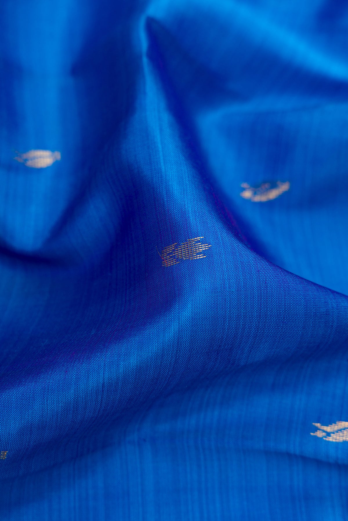 Close up of Royal Blue Kanchipuram Silk Saree with Zari Butta on the body and Zari Border.  displaying folds