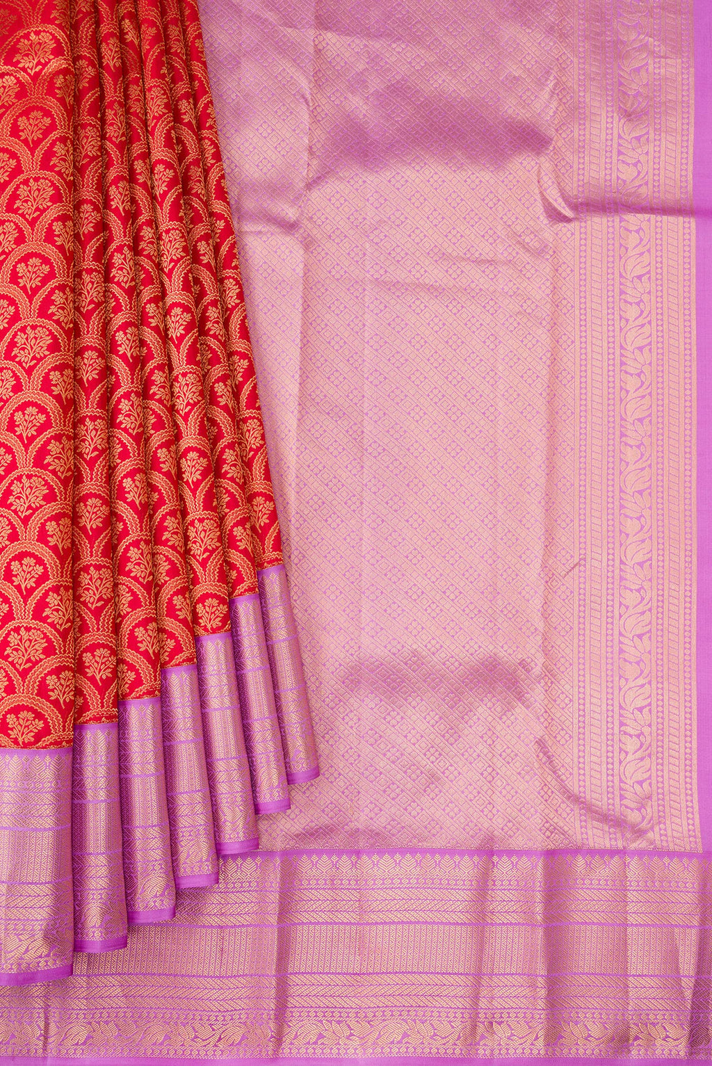 Pleats and pallu of Red Kanjivaram Silk Saree with Zari Brocade on the body and Zari Border. 