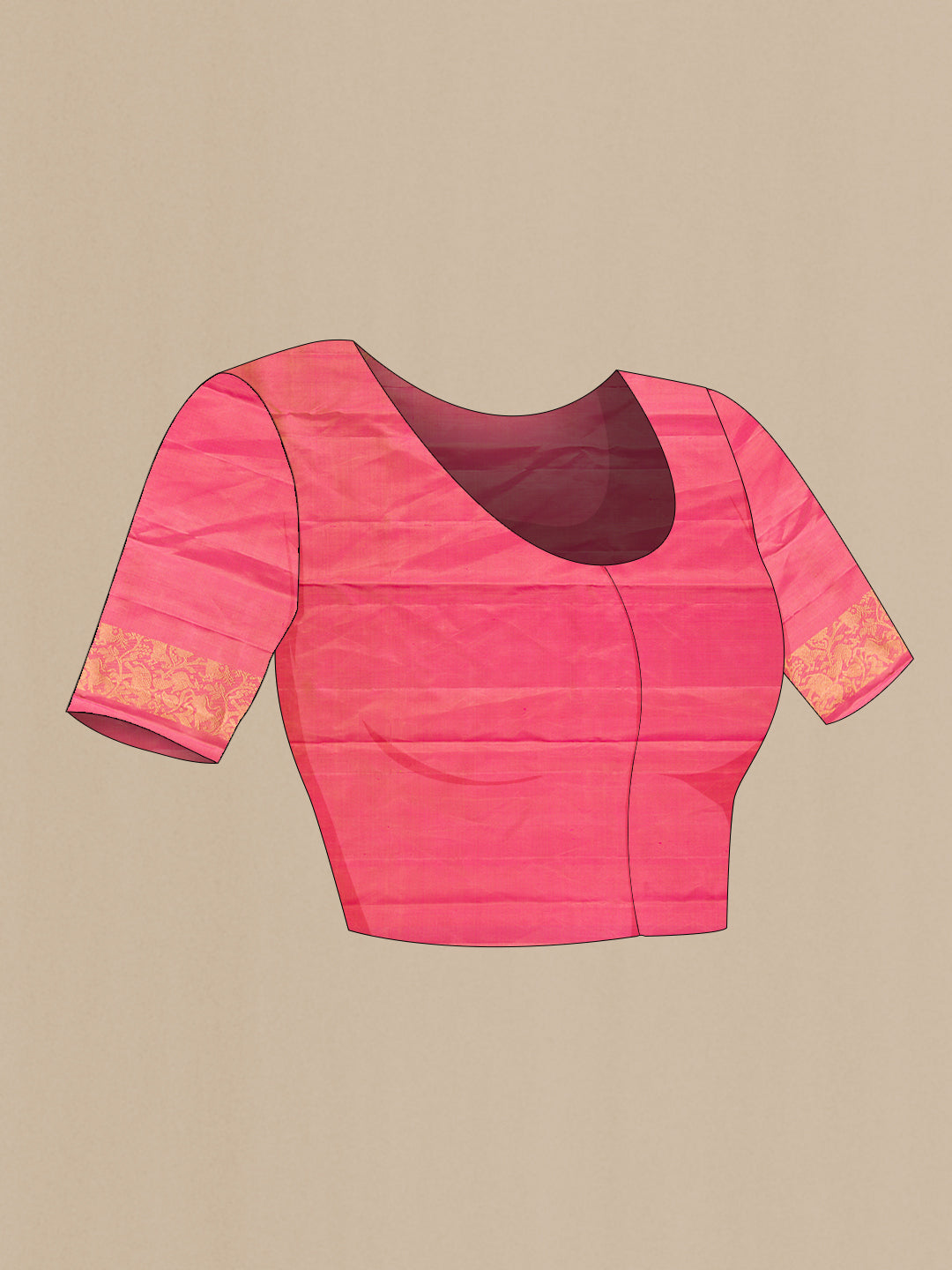 Close up image of the blouse of Beige Dual Tone Kanchipuram Silk Saree with Plain Body and Rising Temple Border. 