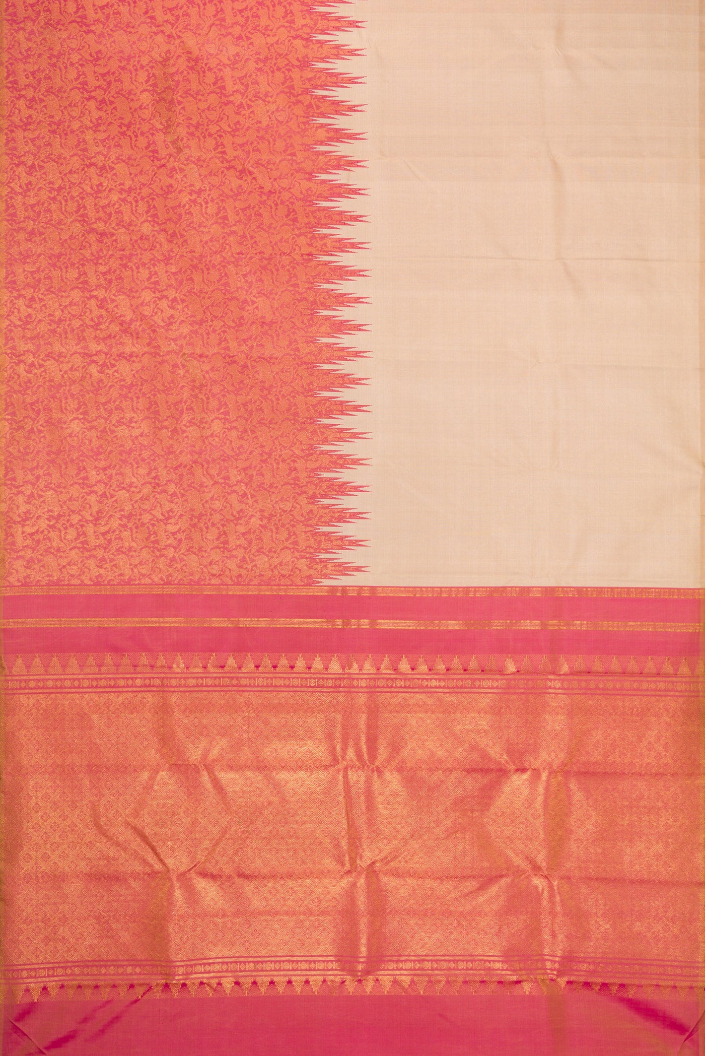 Flat view of Beige Dual Tone Kanchipuram Silk Saree with Plain Body and Rising Temple Border. 