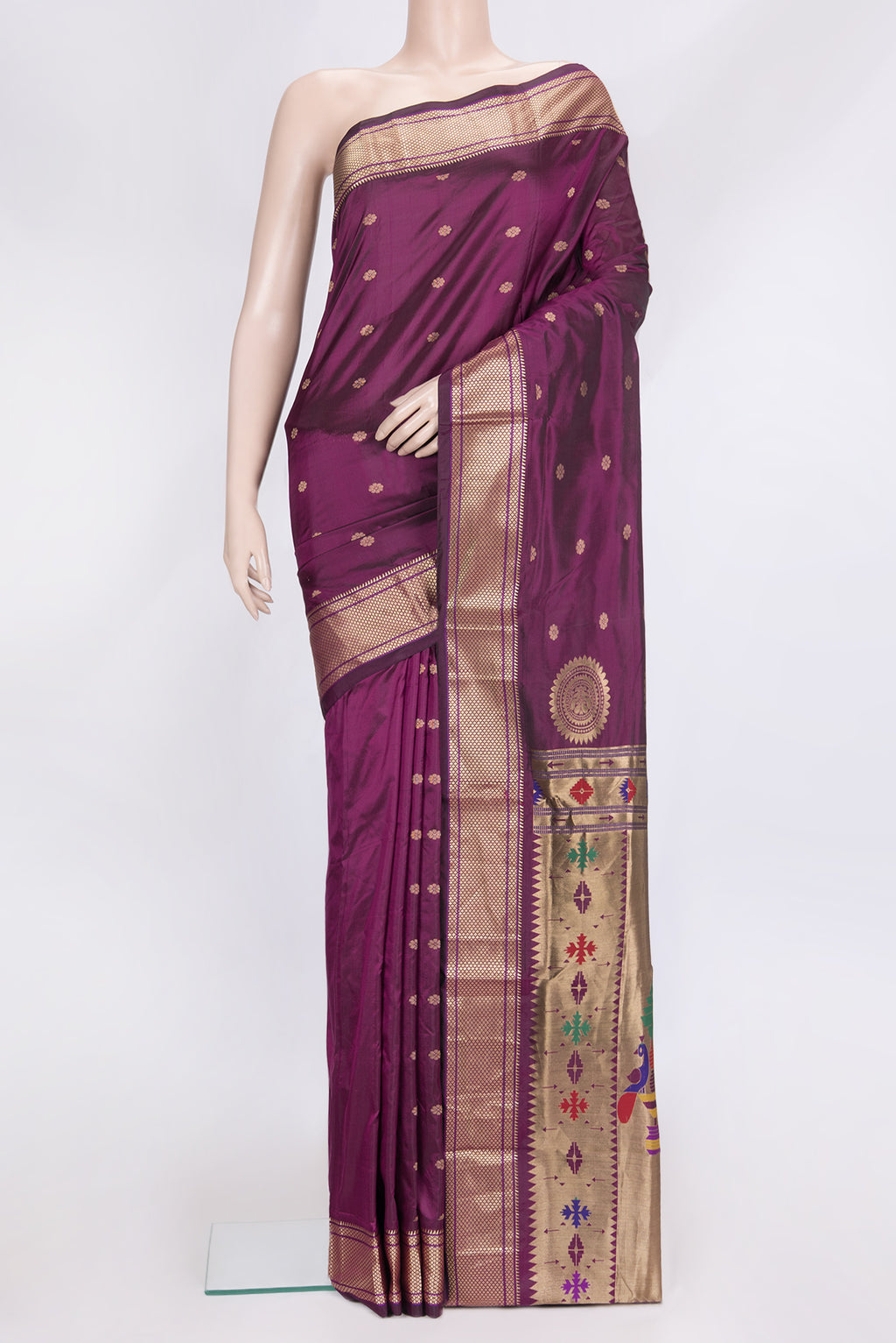 Magenta Dual Tone Blended Paithani Silk Saree with Zari Butta on the body and Zari Border.  displayed on a mannequin
