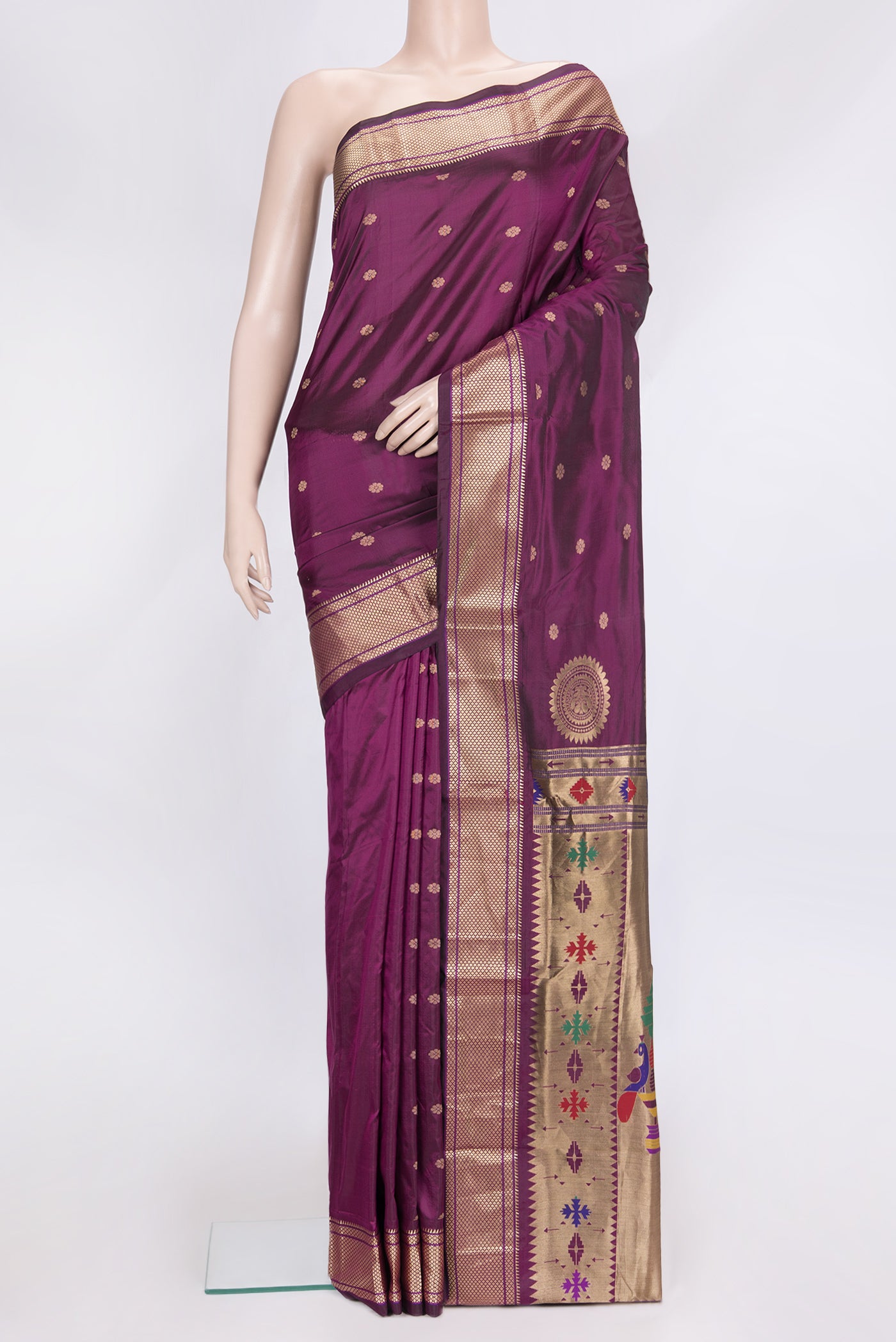 Magenta Dual Tone Blended Paithani Silk Saree with Zari Butta on the body and Zari Border.  displayed on a mannequin