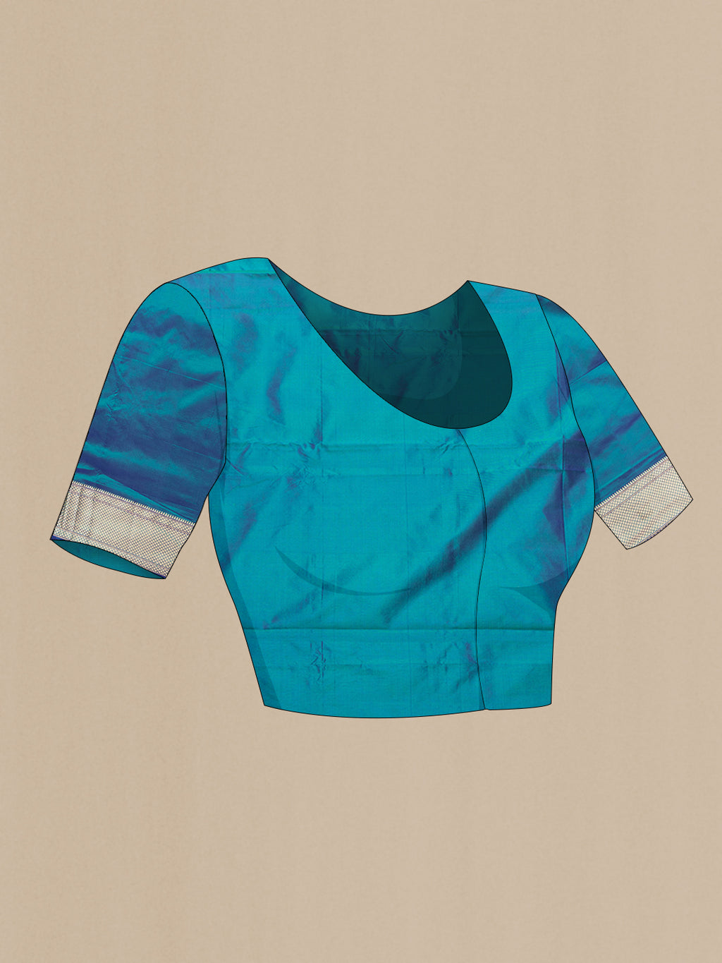 Close up image of the blouse of Peacock Blue Dual Tone Paithani Silk Saree with Zari Butta on the body and Zari Border. 