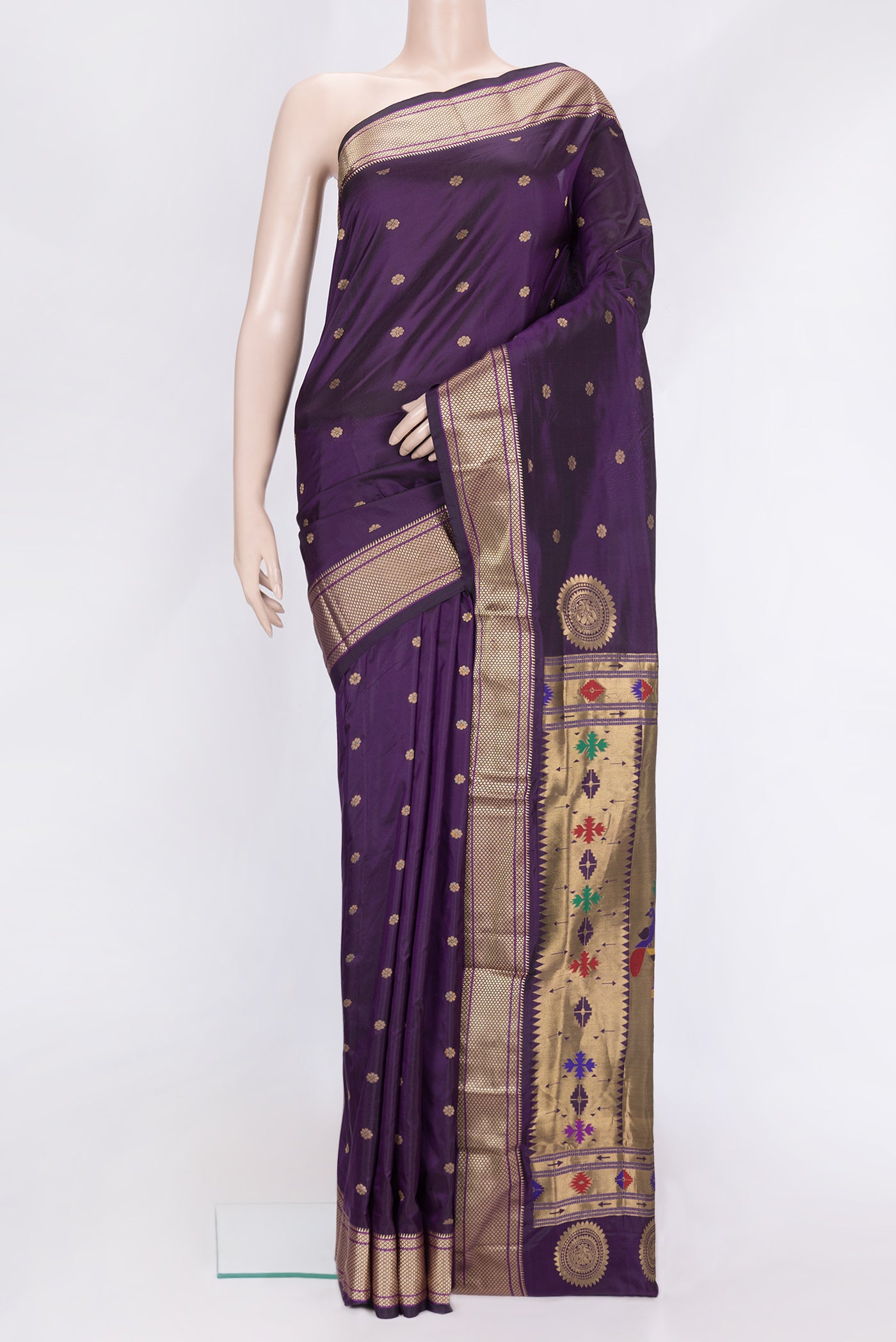 Violet Dual Tone Paithani Silk Saree with Zari Butta on the body and Zari Border.  displayed on a mannequin