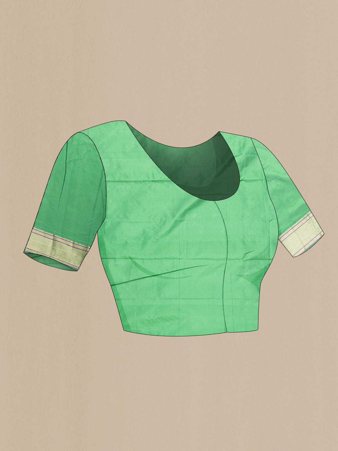 Close up image of the blouse of Green Dual Tone Blended Paithani Silk Saree with Zari Butta on the body and Zari Border. 
