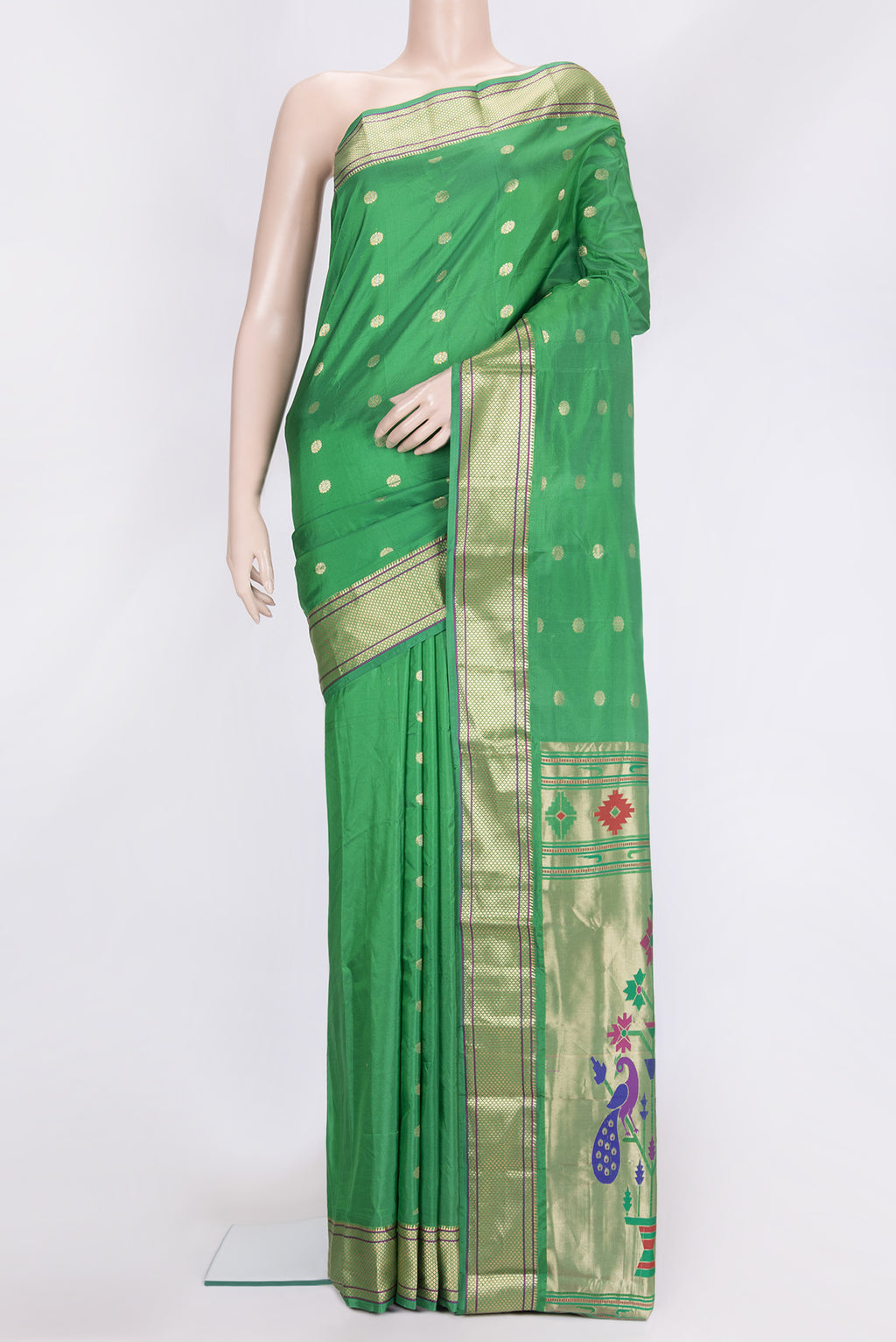 Green Dual Tone Blended Paithani Silk Saree with Zari Butta on the body and Zari Border.  displayed on a mannequin