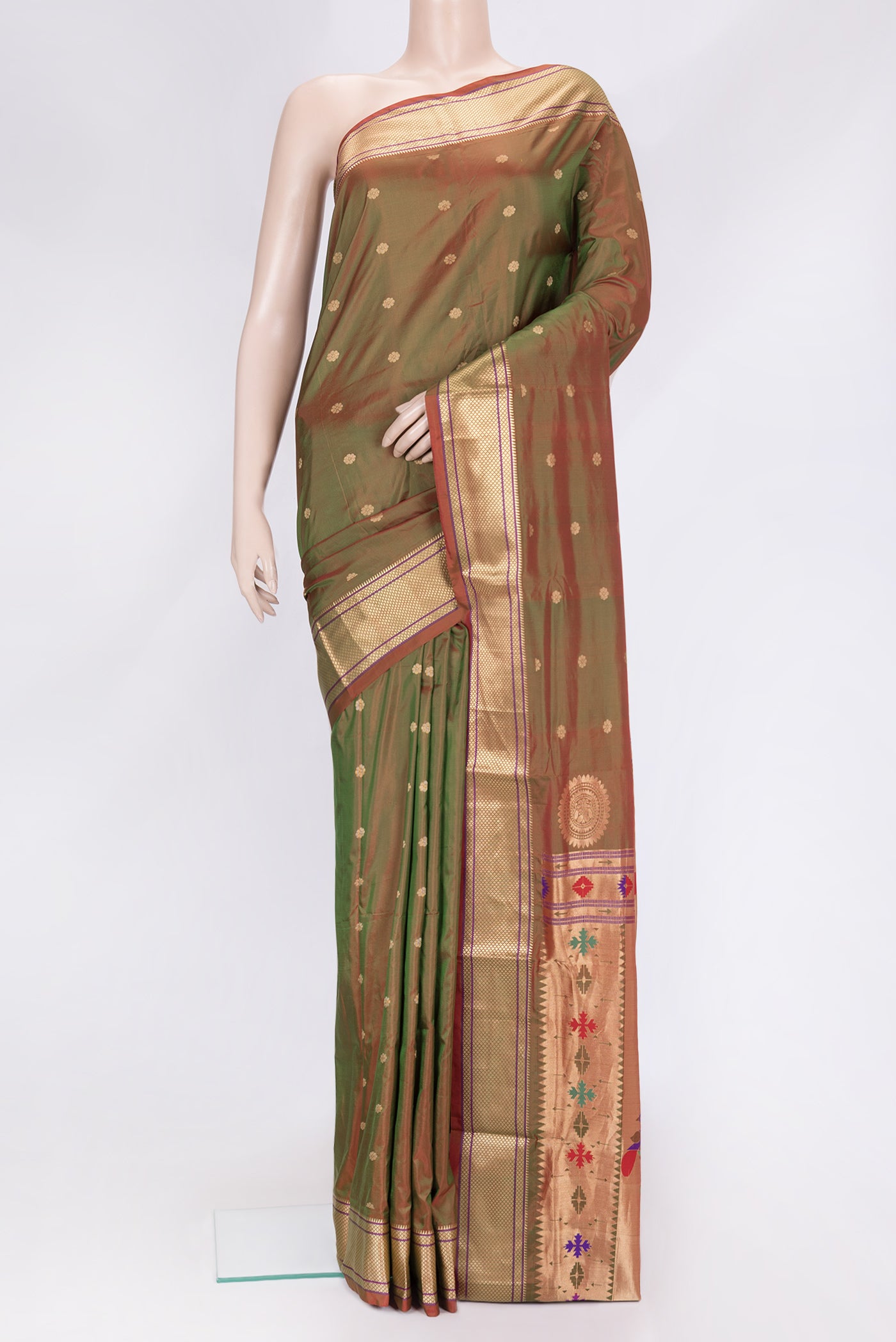Mehandi Green Dual Tone Paithani Silk Saree with Zari Butta on the body and Zari Border.  displayed on a mannequin