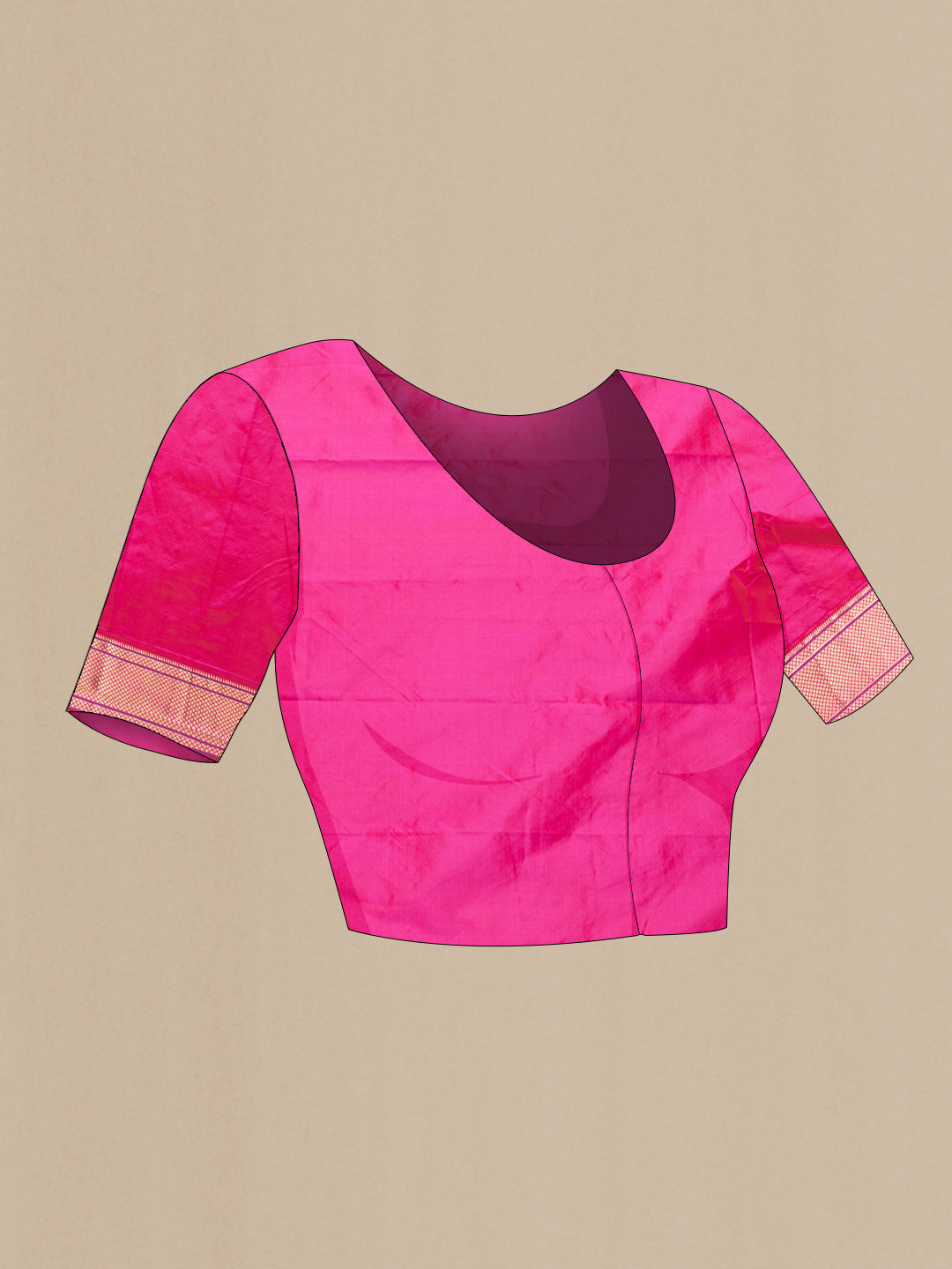 Close up image of the blouse of Dark Pink Dual Tone Paithani Silk Saree with Zari Butta on the body and Zari Border. 