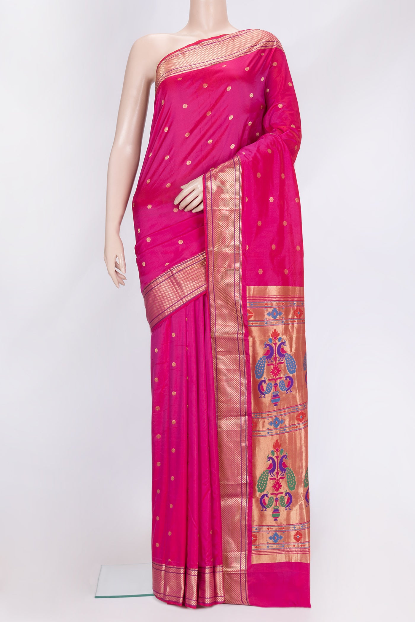 Dark Pink Dual Tone Paithani Silk Saree with Zari Butta on the body and Zari Border.  displayed on a mannequin