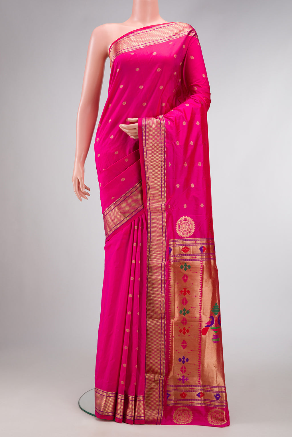 Pink Dual Tone Blended Paithani Silk Saree with Zari Butta on the body and Zari Border.  displayed on a mannequin