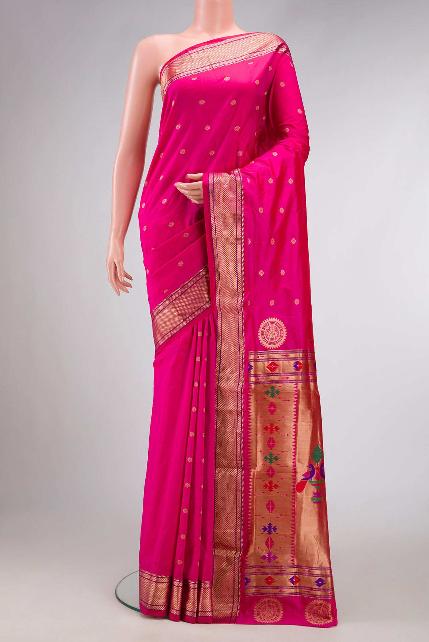 Pink Dual Tone Blended Paithani Silk Saree with Zari Butta on the body and Zari Border.  displayed on a mannequin