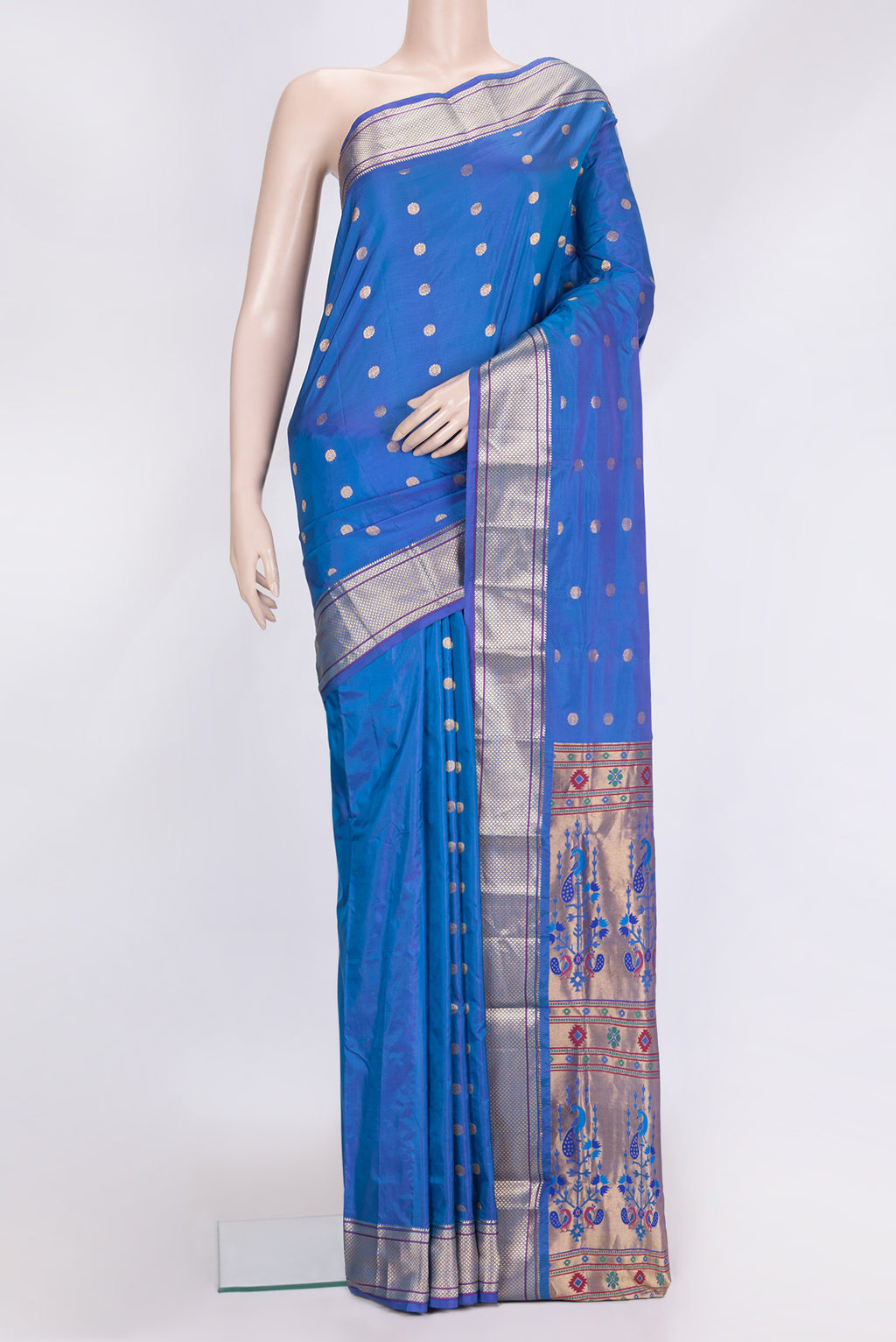 Peacock Blue Dual Tone Blended Paithani Silk Saree with Zari Butta on the body and Zari Border.  displayed on a mannequin