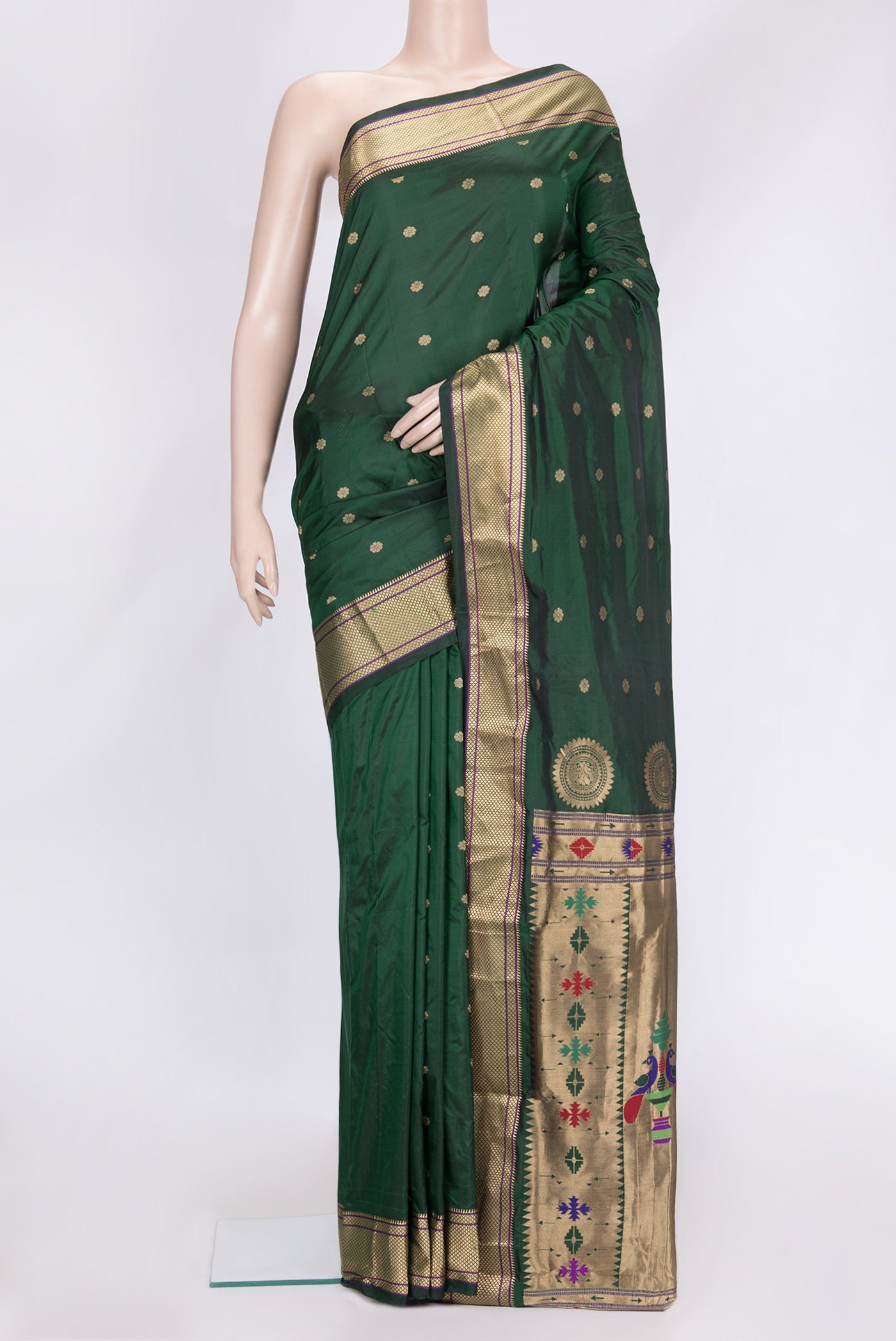 Bottle Green Dual Tone Blended Paithani Silk Saree with Zari Butta on the body and Zari Border.  displayed on a mannequin