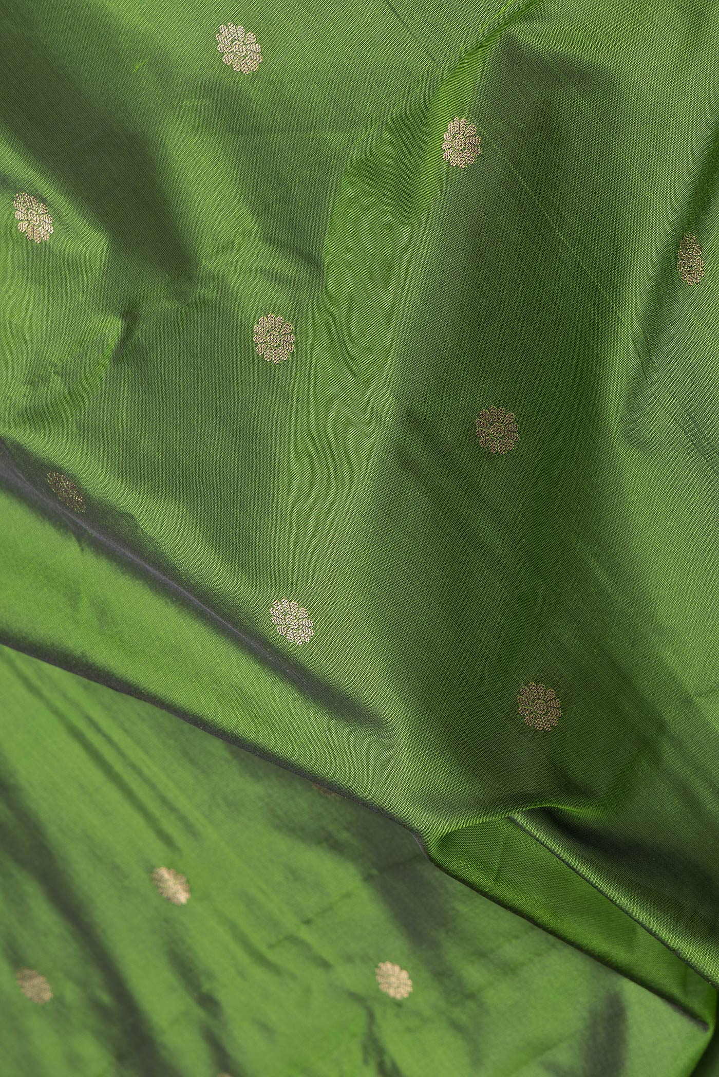 Close up of Green Dual Tone Paithani Silk Saree with Zari Butta on the body and Zari Border.  displaying folds