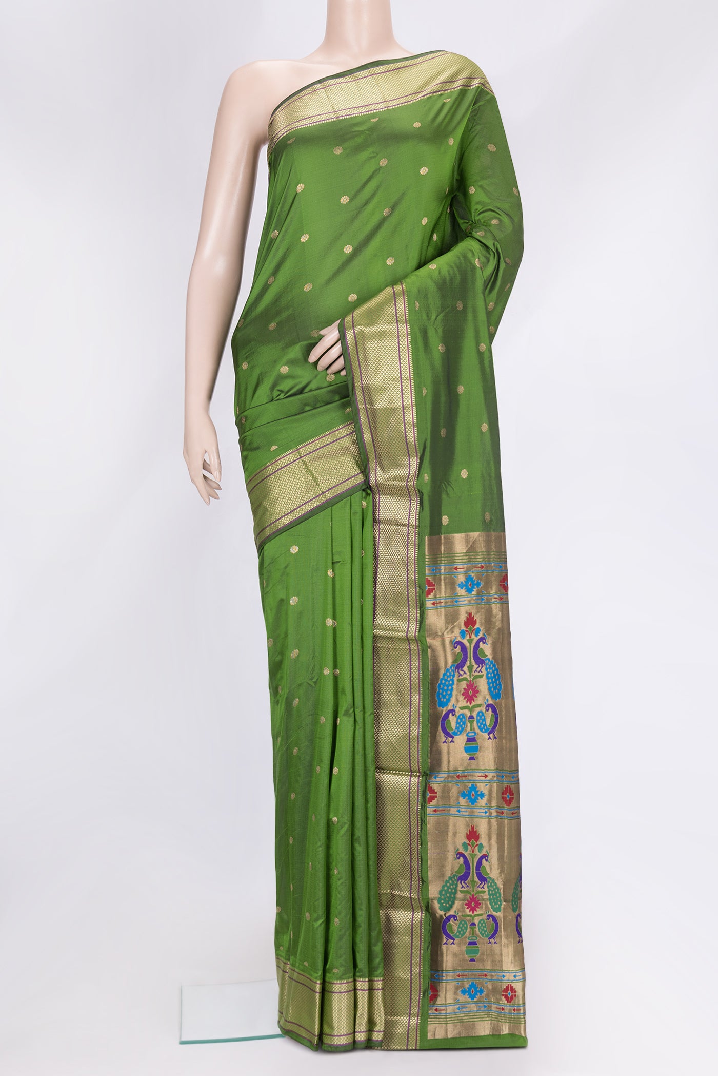 Green Dual Tone Paithani Silk Saree with Zari Butta on the body and Zari Border.  displayed on a mannequin