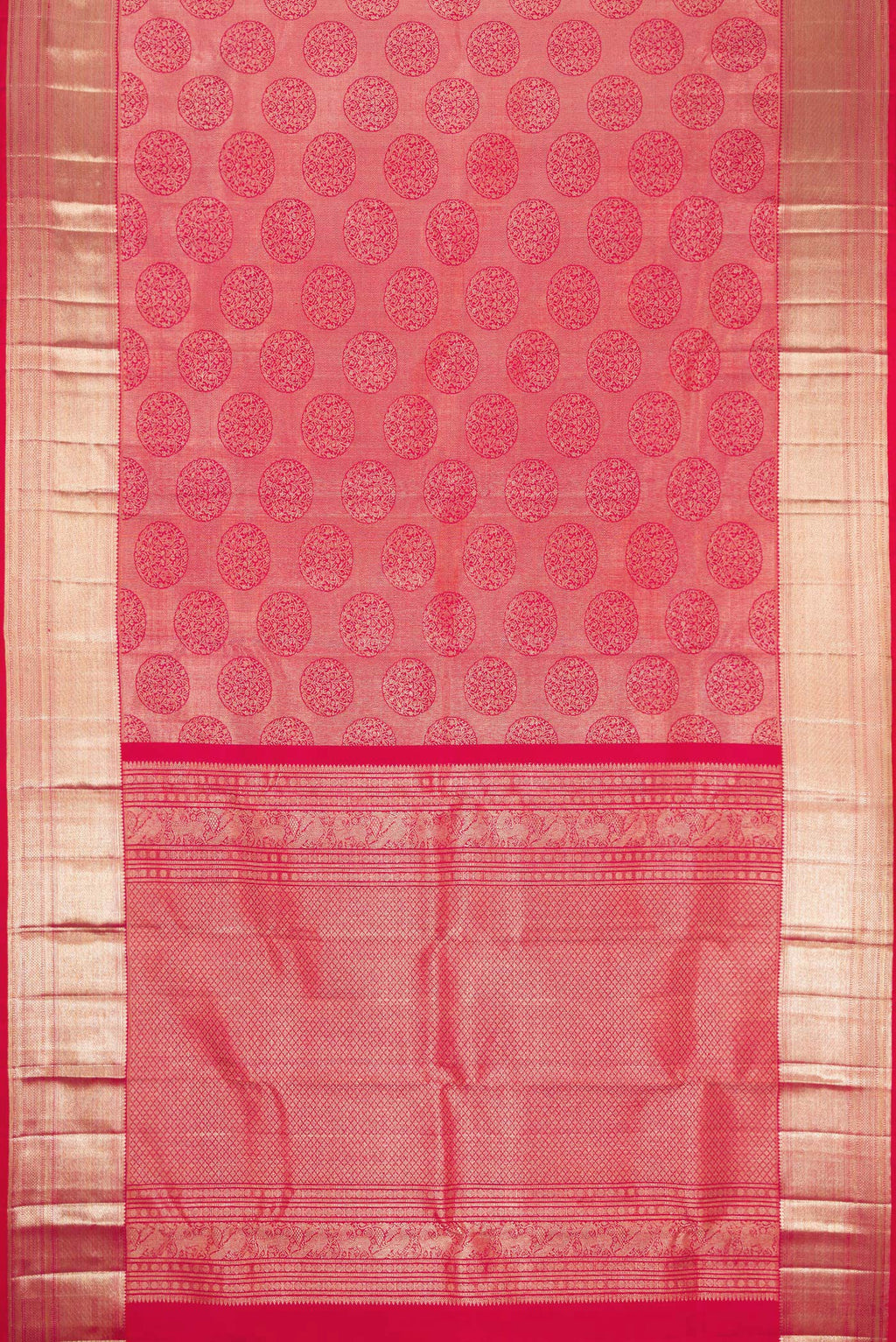 Flat view of Pink Dual Tone Kanchipuram Silk Saree with Zari Brocade on the body and Zari Border. 