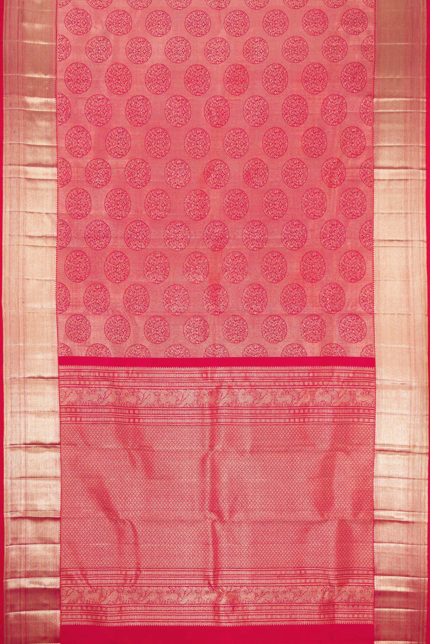Flat view of Pink Dual Tone Kanchipuram Silk Saree with Zari Brocade on the body and Zari Border. 