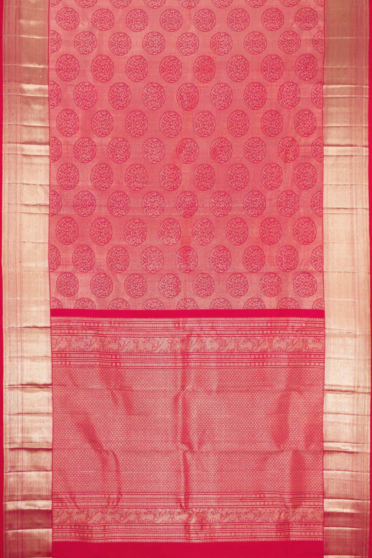 Flat view of Pink Dual Tone Kanchipuram Silk Saree with Zari Brocade on the body and Zari Border. 