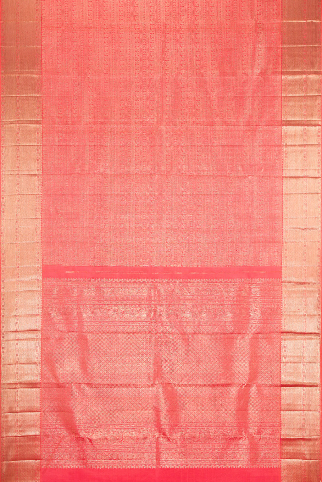 Flat view of Pink Dual Tone Kanchipuram Silk Saree with Zari Brocade on the body and Zari Border. 