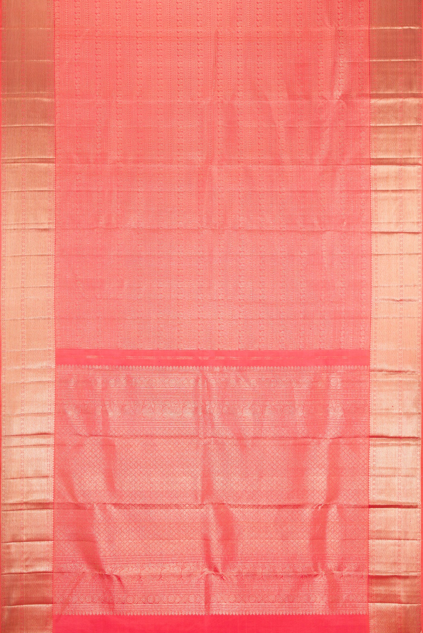 Flat view of Pink Dual Tone Kanchipuram Silk Saree with Zari Brocade on the body and Zari Border. 