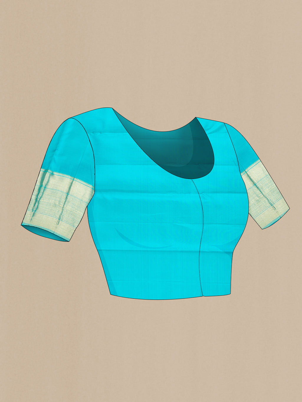 Close up image of the blouse of Sky Blue Dual Tone Kanchipuram Silk Saree with Zari Brocade on the body and Zari Border. 