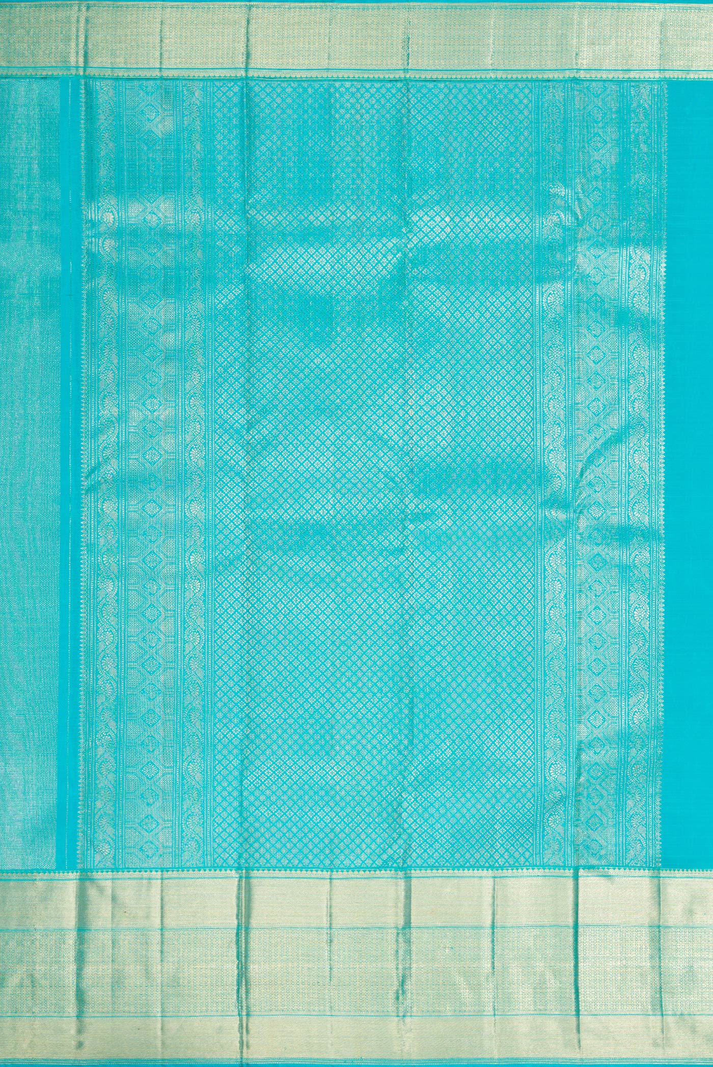 Close up image of the pallu of Sky Blue Dual Tone Kanchipuram Silk Saree with Zari Brocade on the body and Zari Border. 