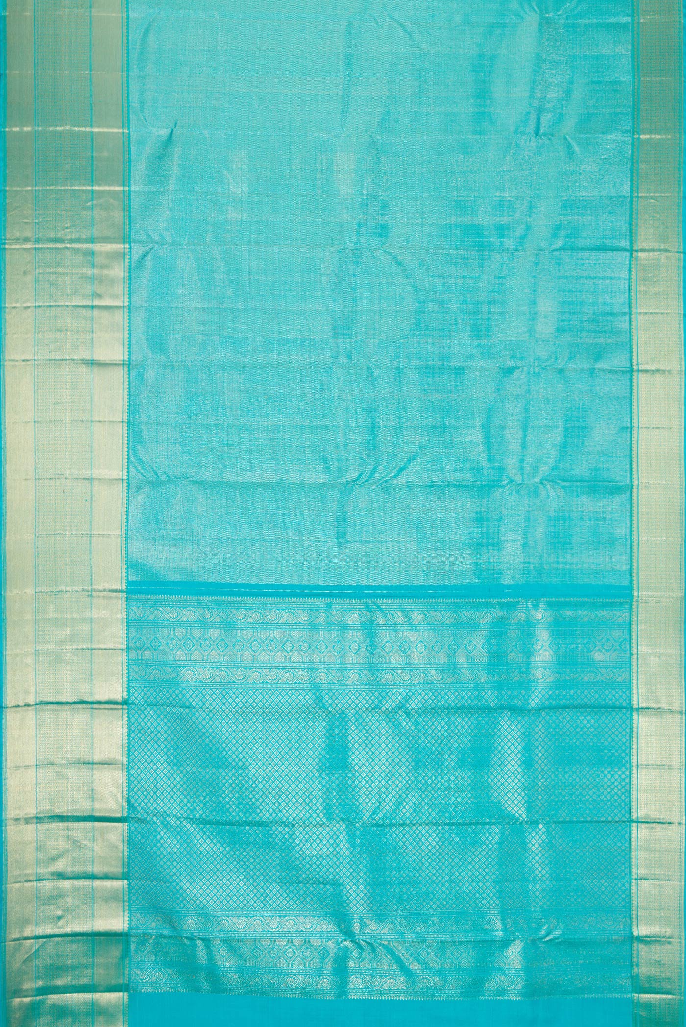 Flat view of Sky Blue Dual Tone Kanchipuram Silk Saree with Zari Brocade on the body and Zari Border. 