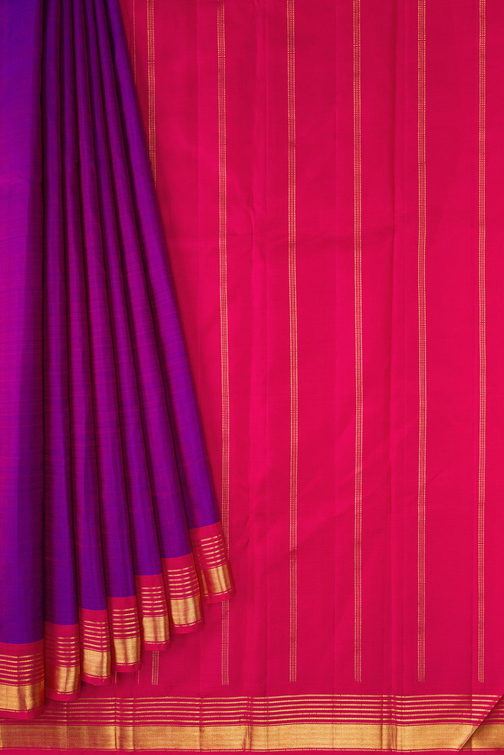Pleats and pallu of Purple Dual Tone Kanjivaram Silk Saree with Plain Body and Zari Border. 