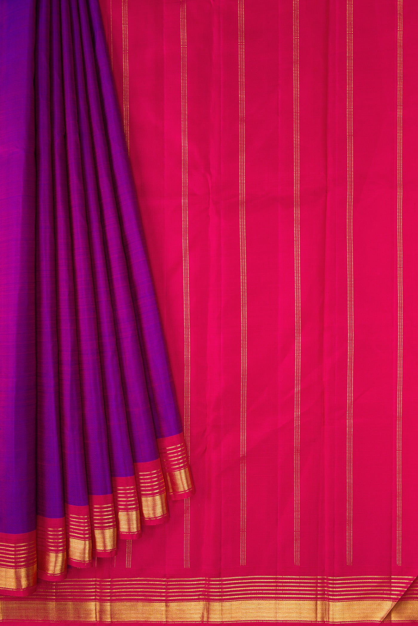 Pleats and pallu of Purple Dual Tone Kanjivaram Silk Saree with Plain Body and Zari Border. 