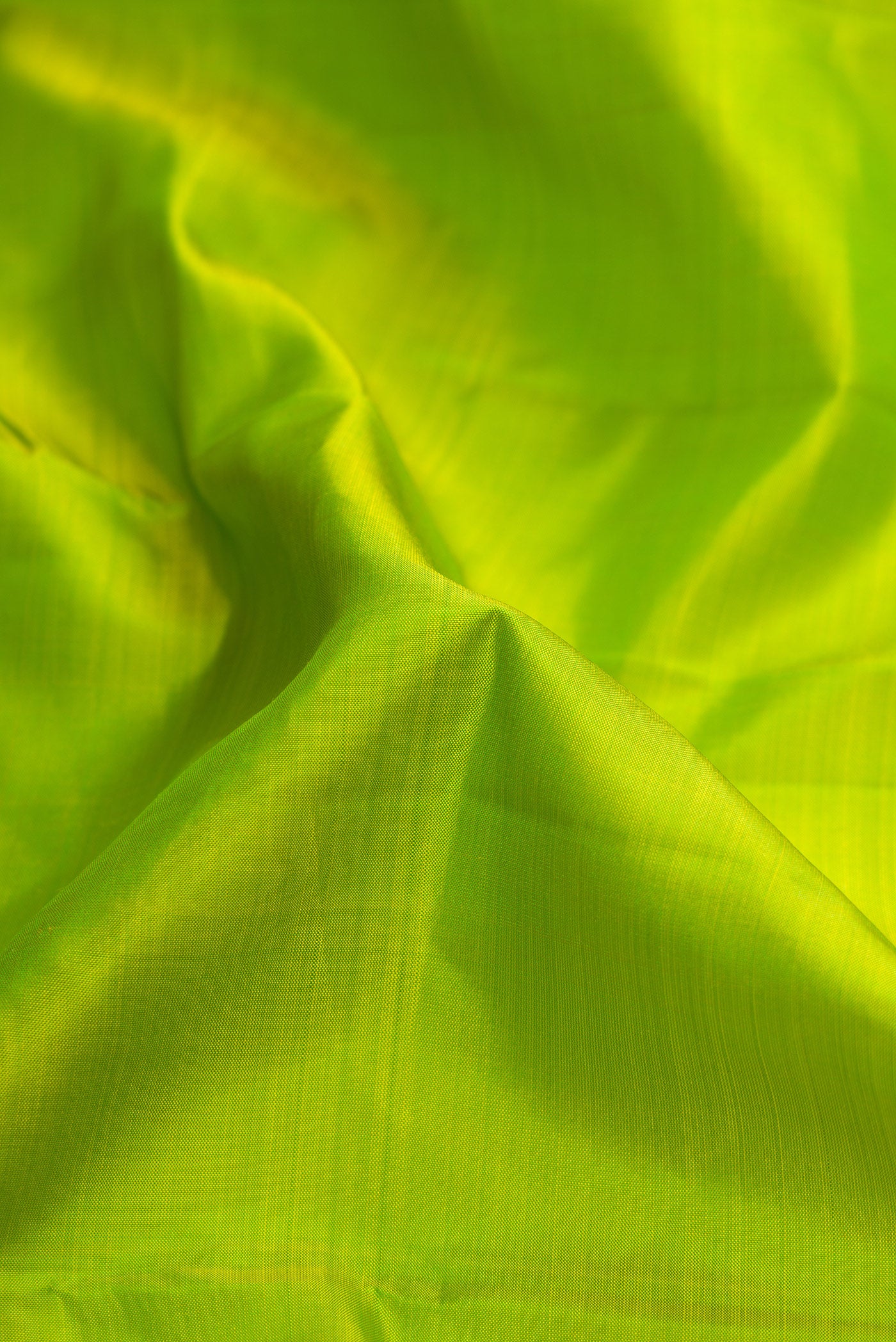Close up of Parrot Green Dual Tone Kanjivaram Silk Saree with Plain Body and Zari Border.  displaying folds