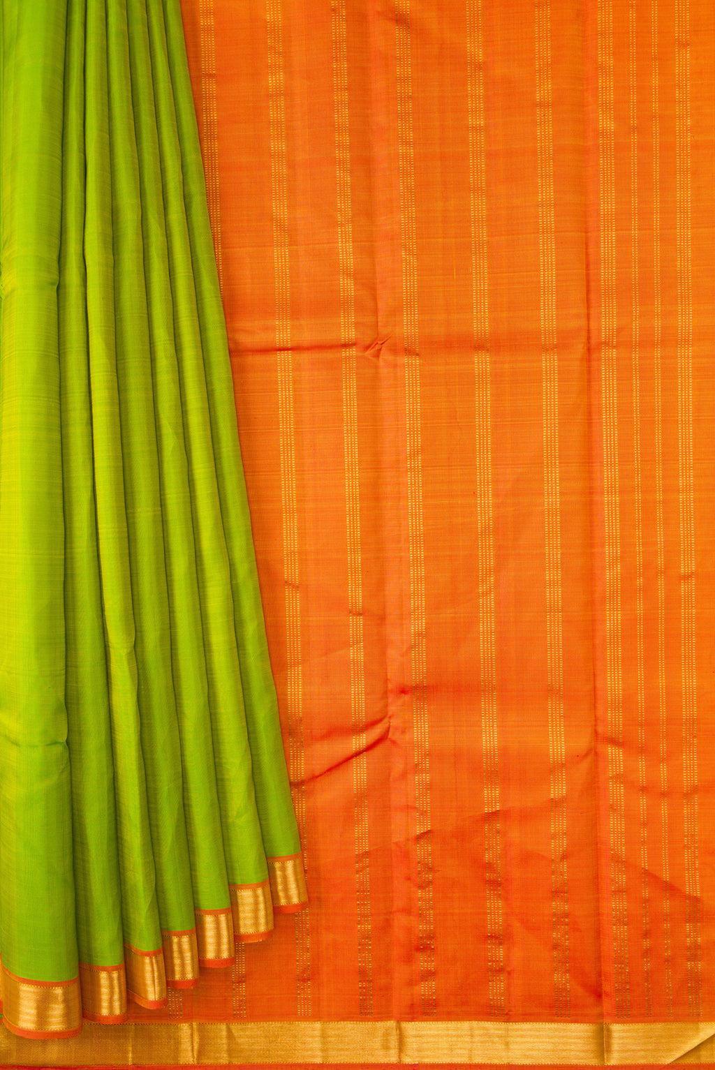 Pleats and pallu of Parrot Green Dual Tone Kanjivaram Silk Saree with Plain Body and Zari Border. 