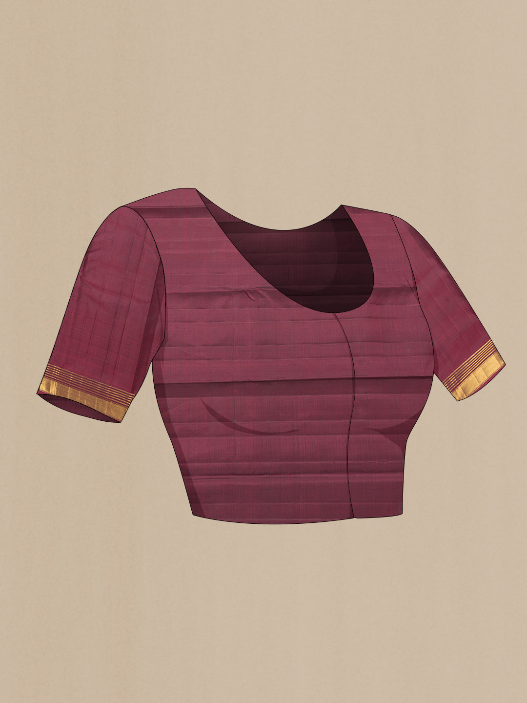 Close up image of the blouse of Maroon Dual Tone Kanjivaram Silk Saree with Plain Body and Zari Border. 