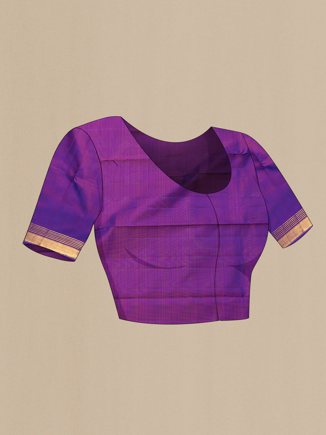 Close up image of the blouse of Purple Dual Tone Kanjivaram Silk Saree with Plain Body and Zari Border. 