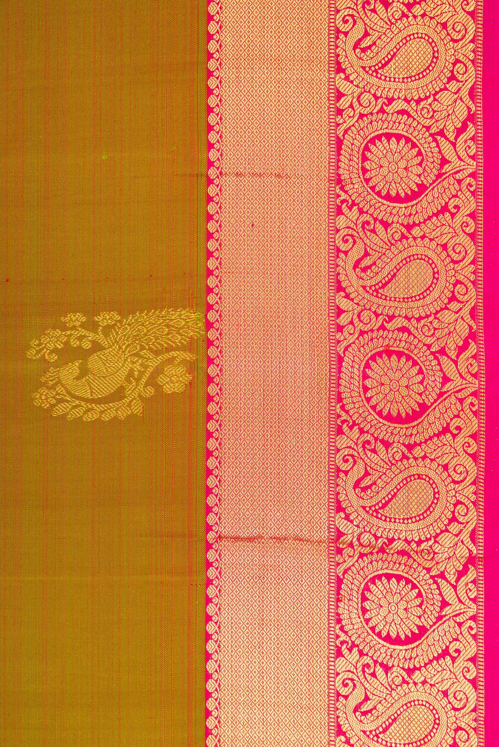 Border image of Mehandi Green Dual Tone Kanjivaram Silk Saree with Zari Butta on the body and Zari Border. 