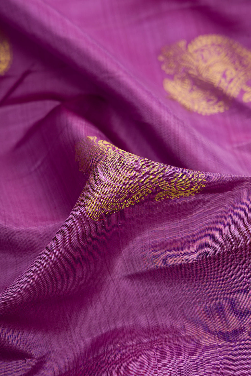 Close up of Lavender Dual Tone Kanjivaram Silk Saree with Zari Butta on the body and Zari Border.  displaying folds