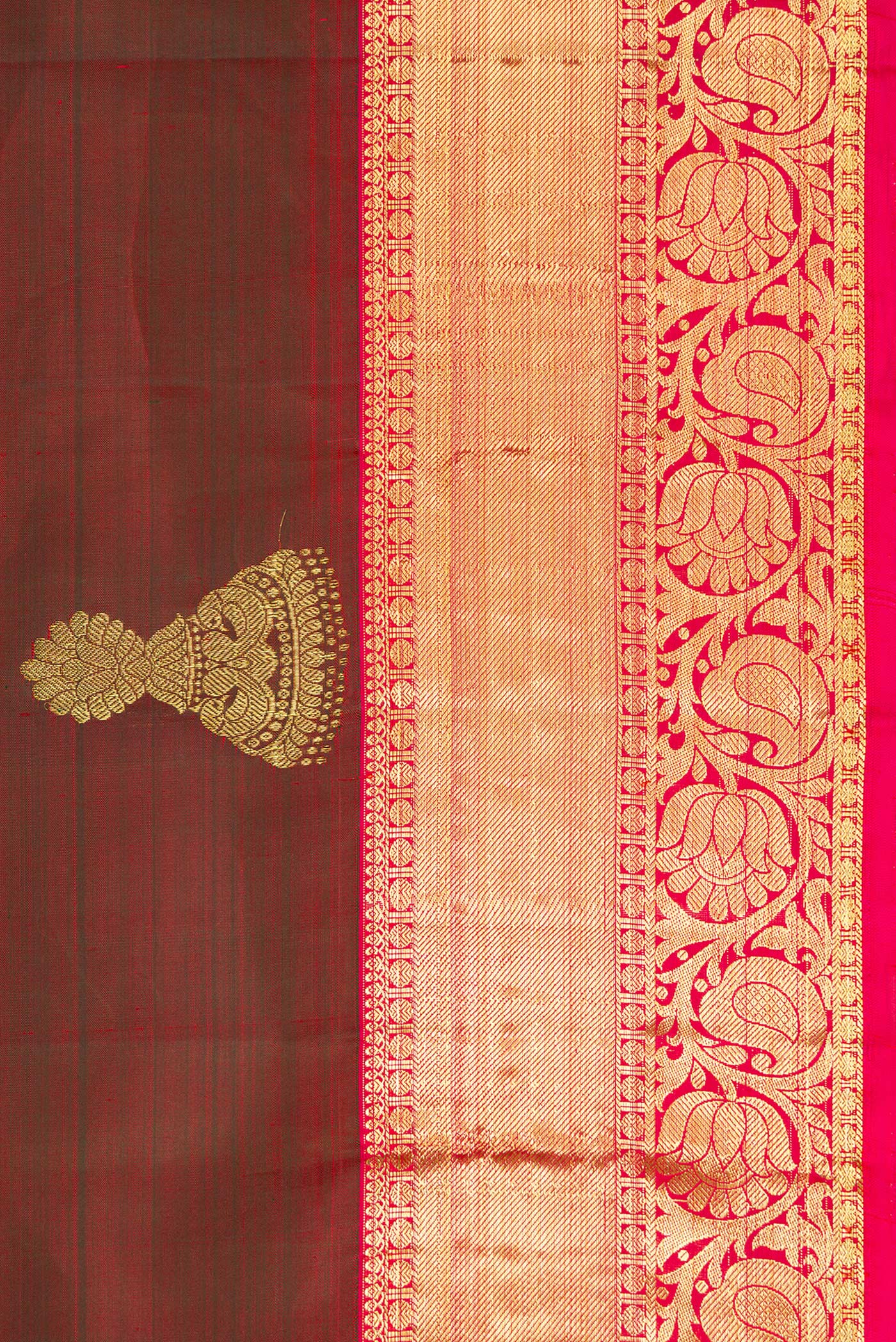 Border image of Maroon Dual Tone Kanjivaram Silk Saree with Zari Butta on the body and Zari Border. 
