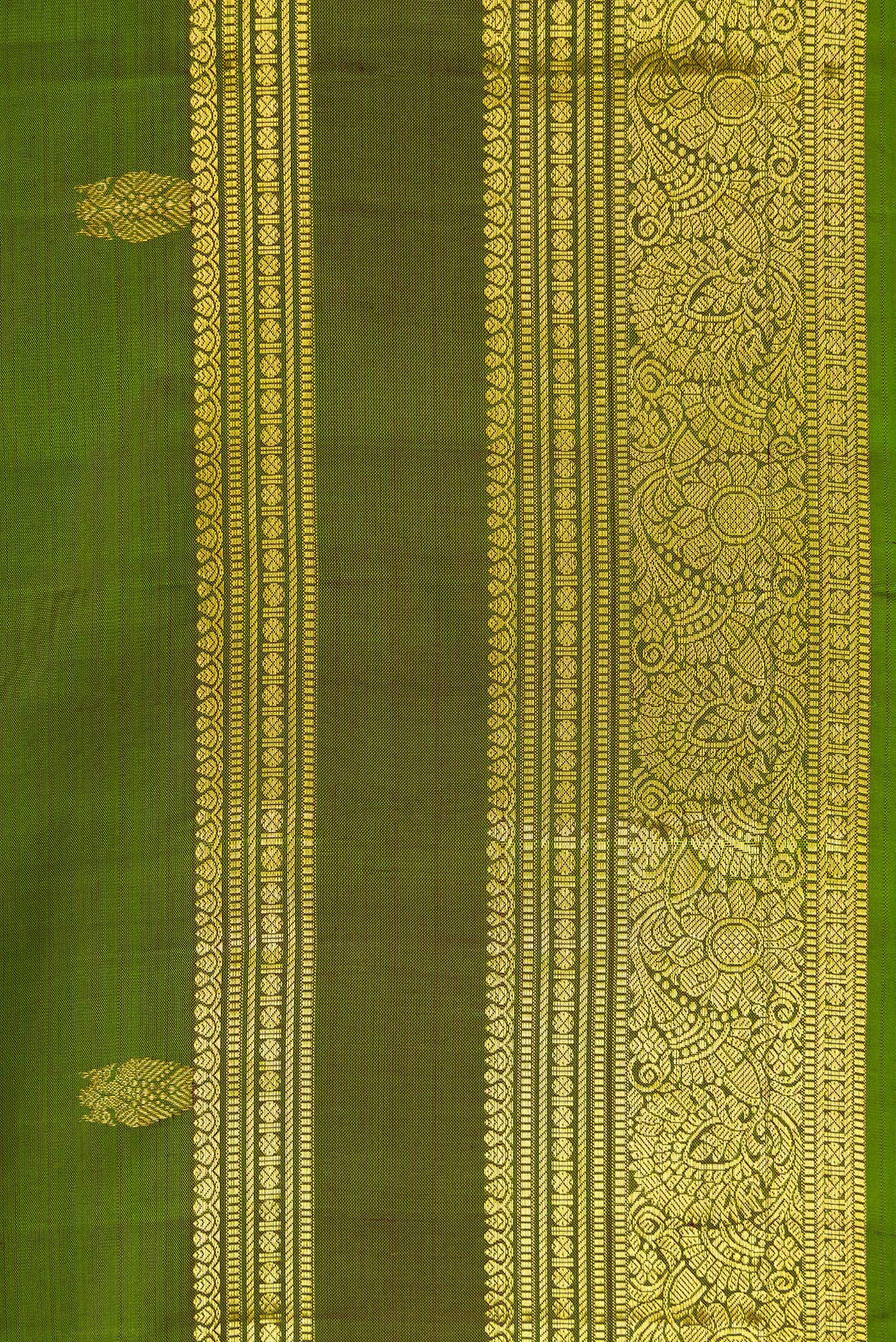 Border image of Mehandi Green Dual Tone Kanjivaram Silk Saree with Zari Butta on the body and Zari Border. 