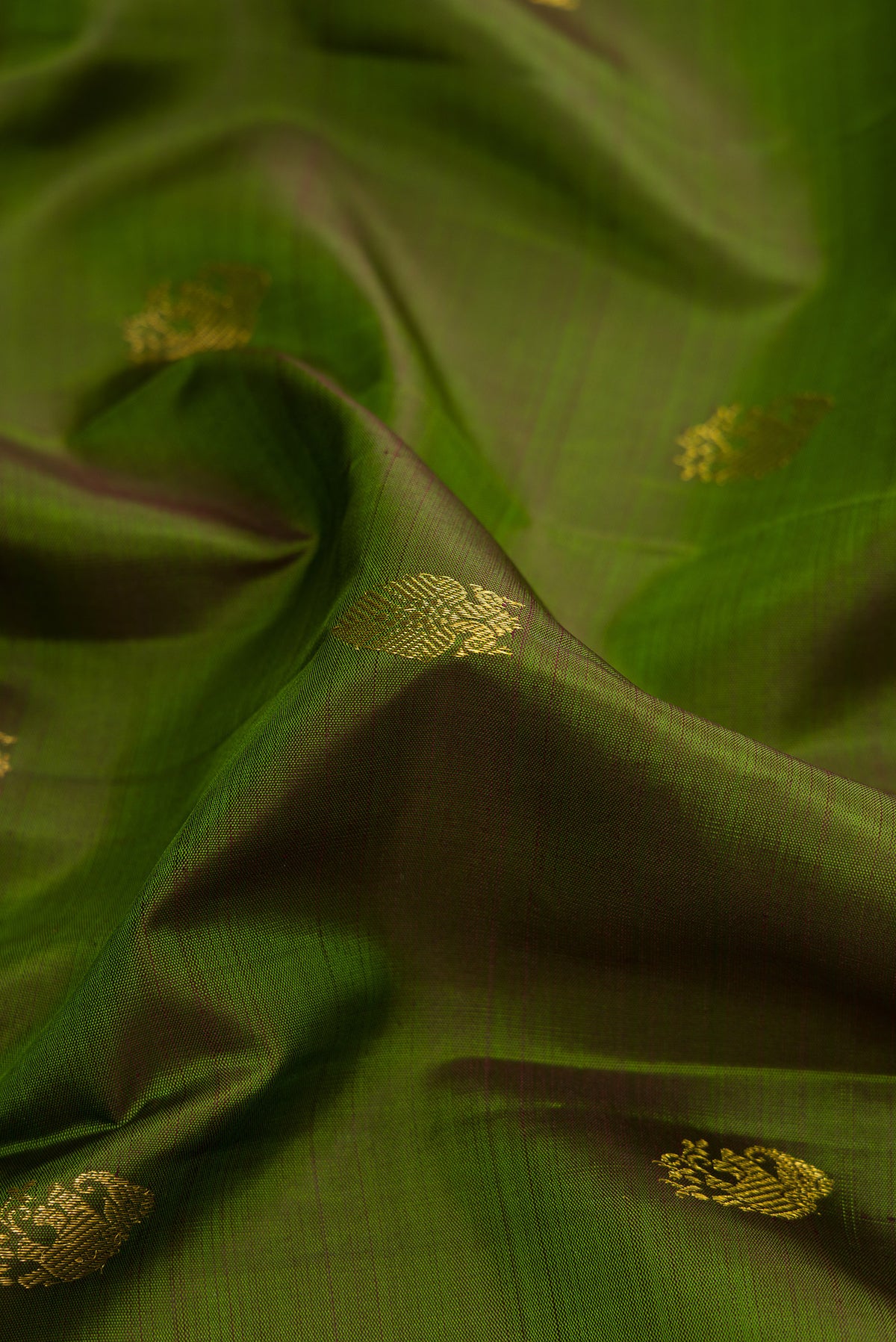 Close up of Green Dual Tone Kanjivaram Silk Saree with Zari Butta on the body and Zari Border.  displaying folds