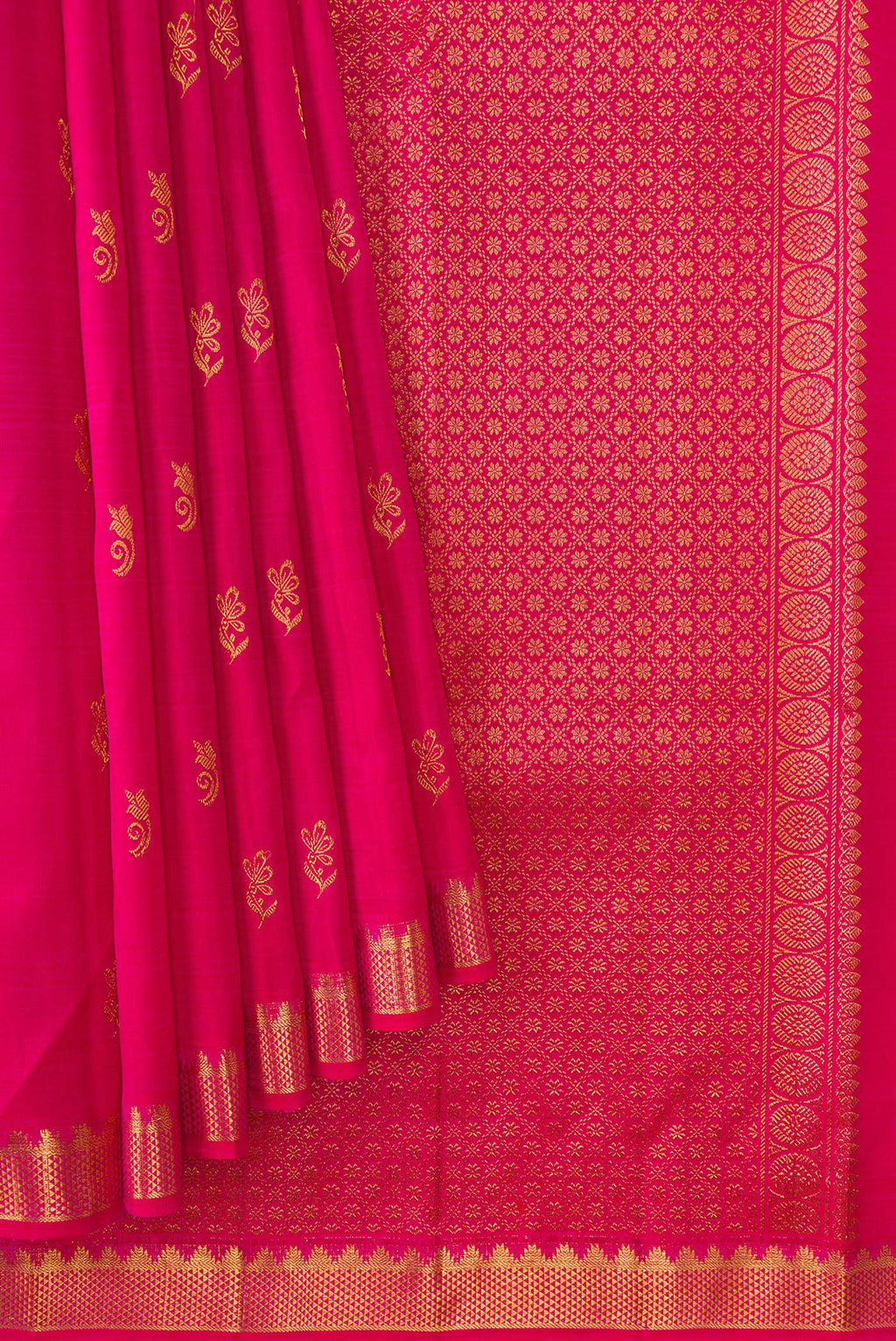 Pleats and pallu of Pink Dual Tone Kanjivaram Silk Saree with Zari Butta on the body and Zari Border. 
