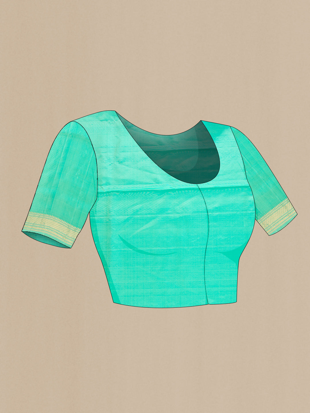 Close up image of the blouse of Green Dual Tone Soft Silk Saree with Zari Butta on the body and Zari Border. 