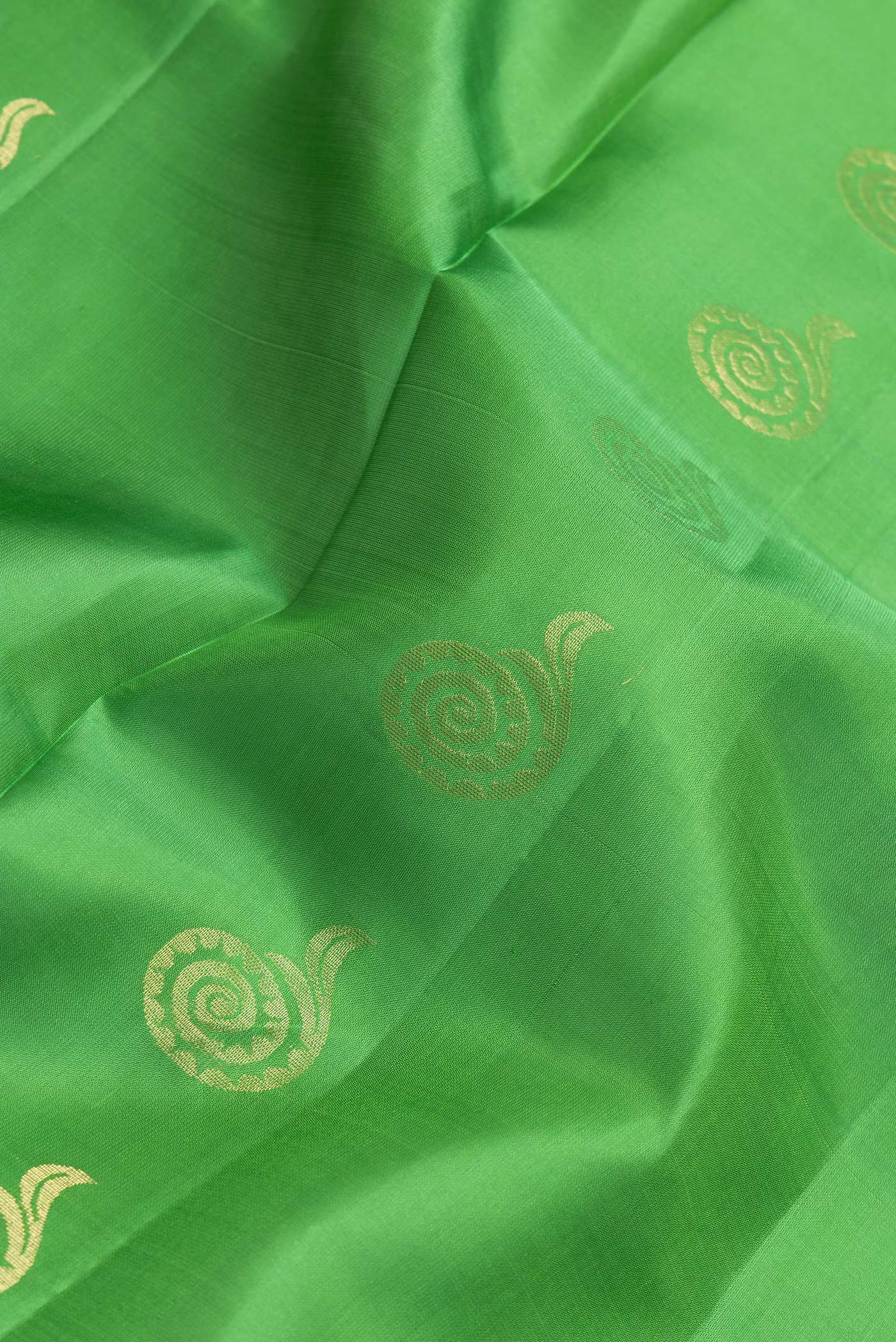 Close up of Green Dual Tone Soft Silk Saree with Zari Butta on the body and Without Border.  displaying folds