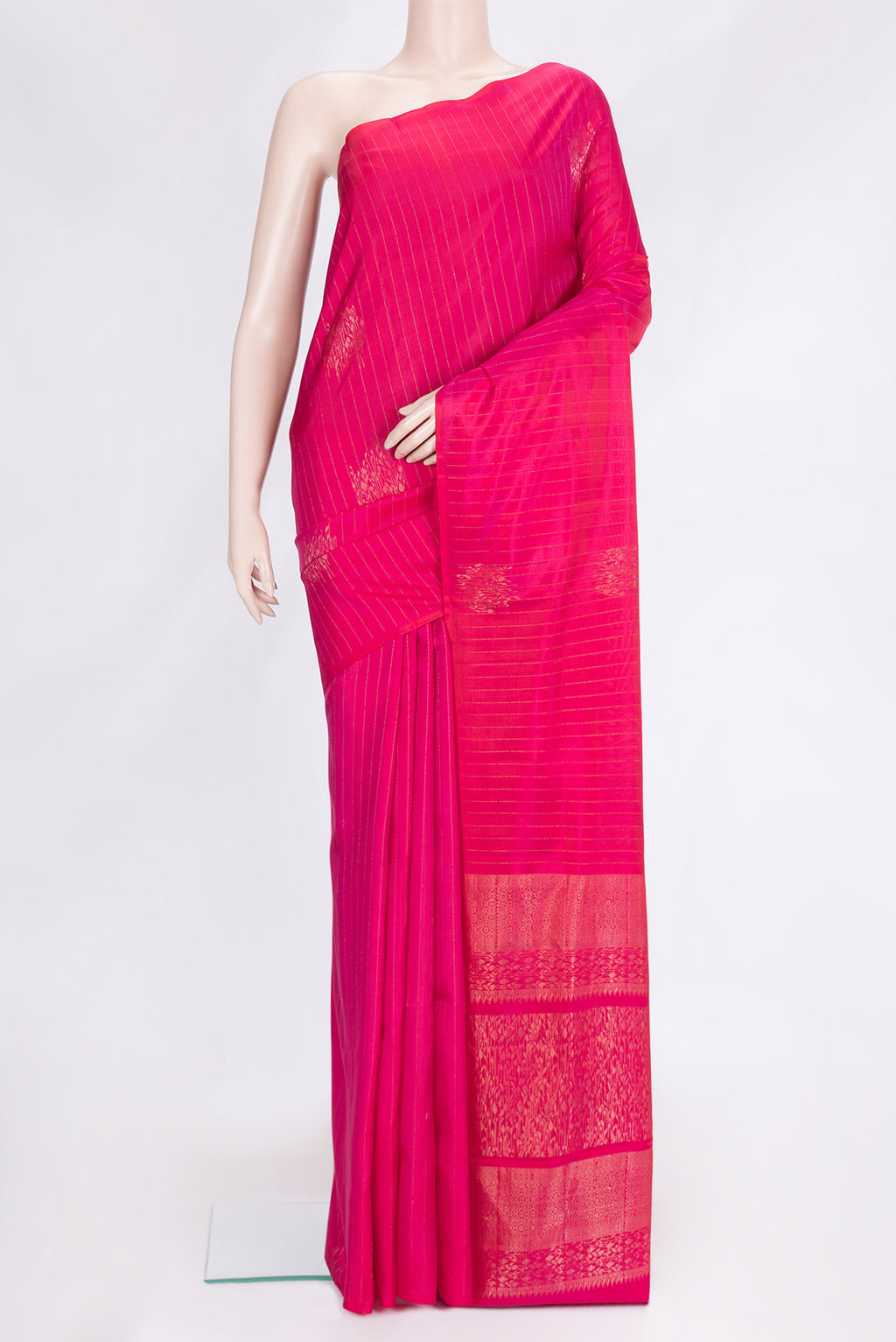 Pink Dual Tone Soft Silk Saree with Stripes on the body and Without Border.  displayed on a mannequin