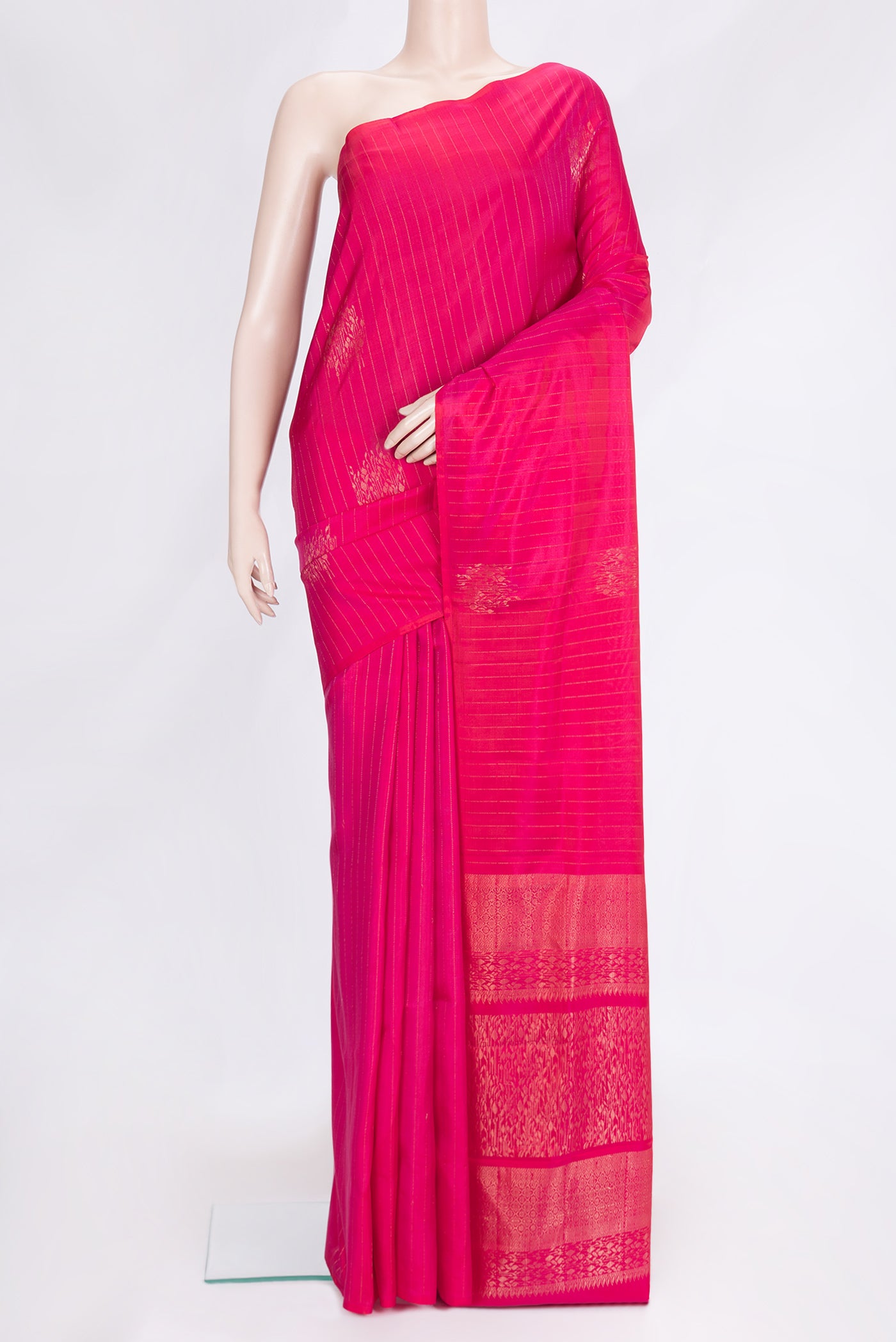 Pink Dual Tone Soft Silk Saree with Stripes on the body and Without Border.  displayed on a mannequin