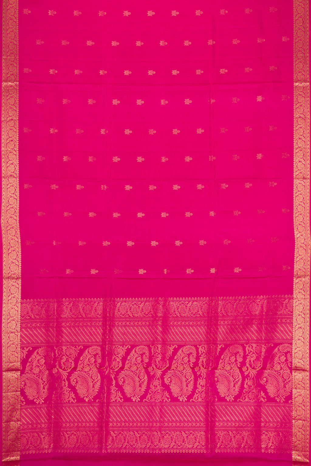 Flat view of Pink Dual Tone Soft Silk Saree with Zari Butta on the body and Zari Border. 