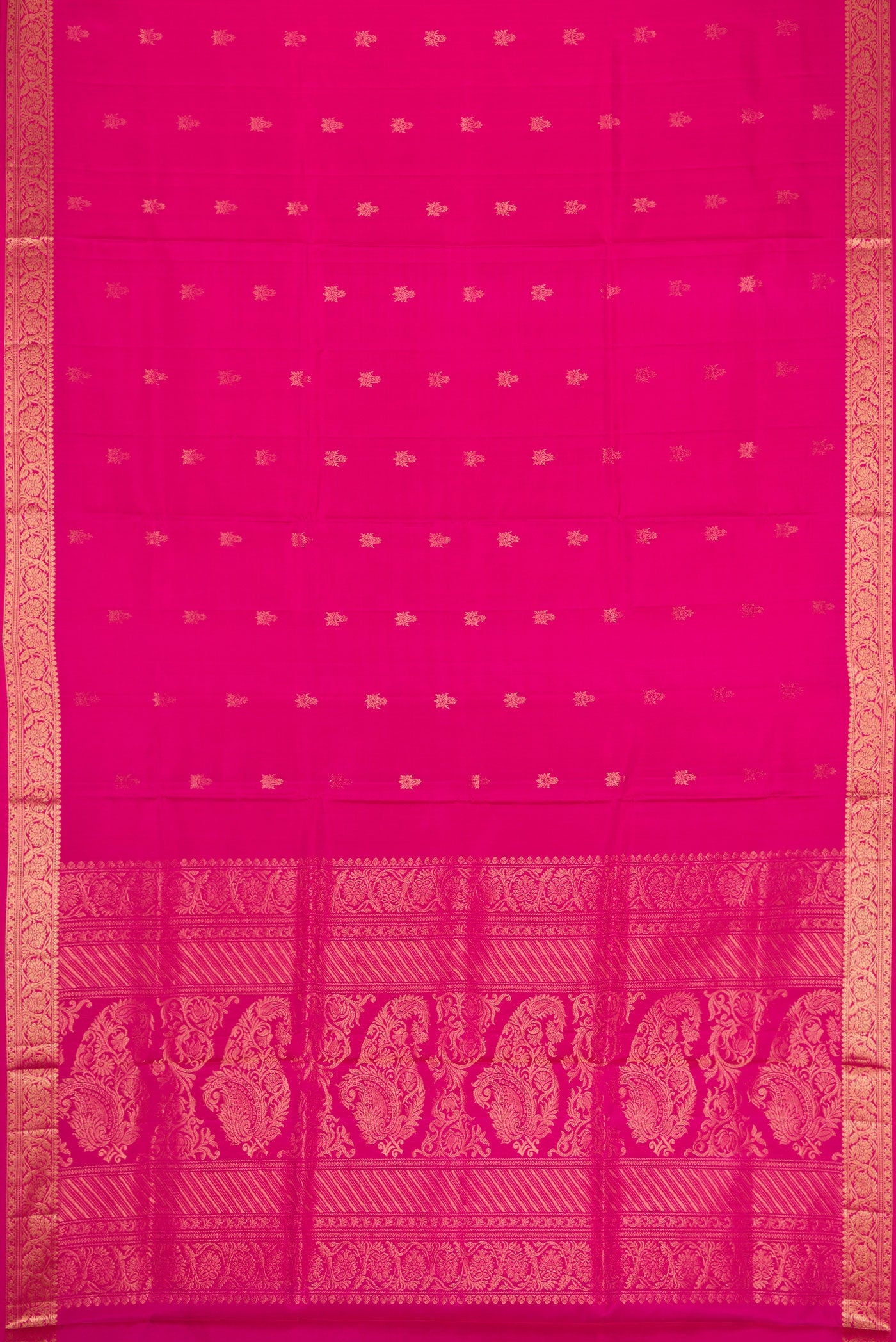 Flat view of Pink Dual Tone Soft Silk Saree with Zari Butta on the body and Zari Border. 