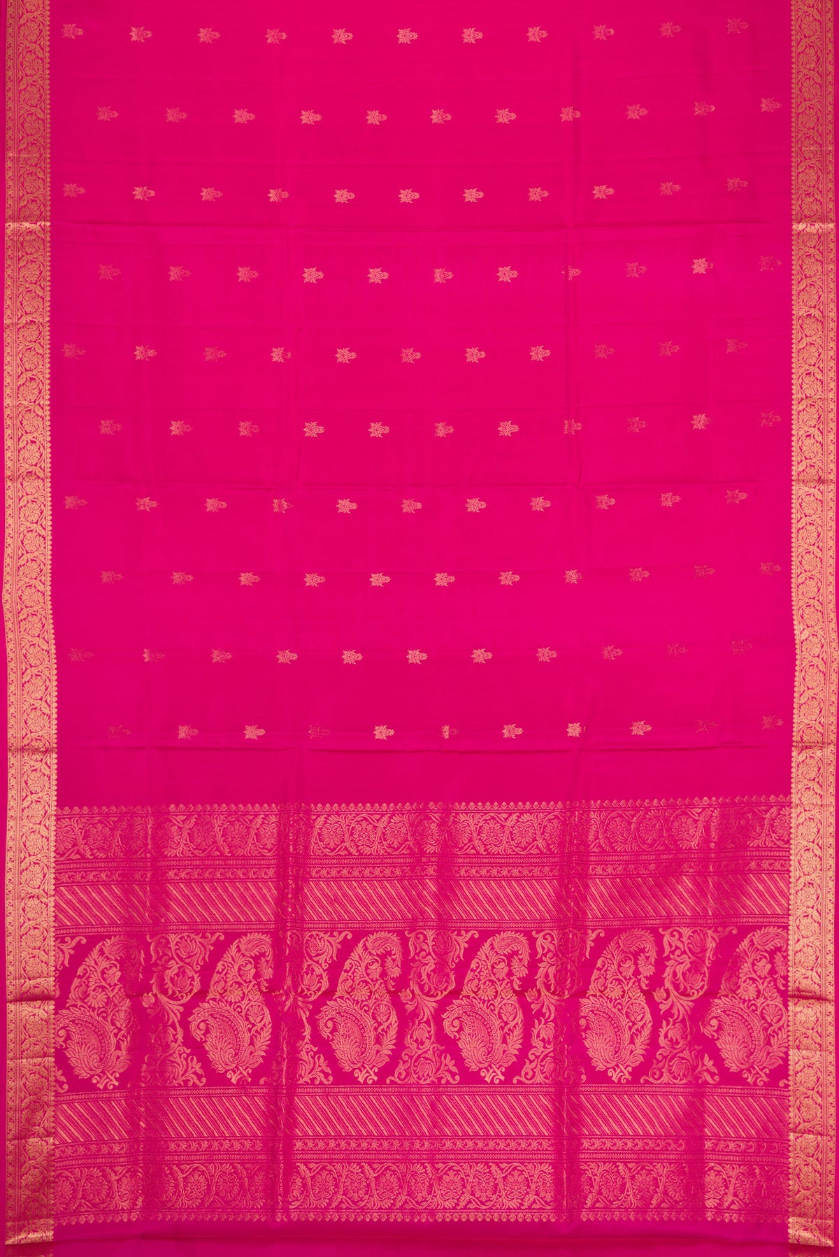 Flat view of Pink Dual Tone Soft Silk Saree with Zari Butta on the body and Zari Border. 