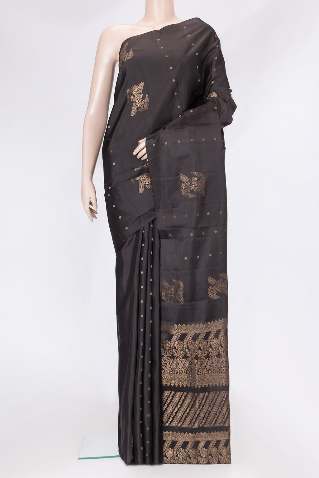 Coffee Brown Dual Tone Soft Silk Saree with Zari Butta on the body and Without Border.  displayed on a mannequin