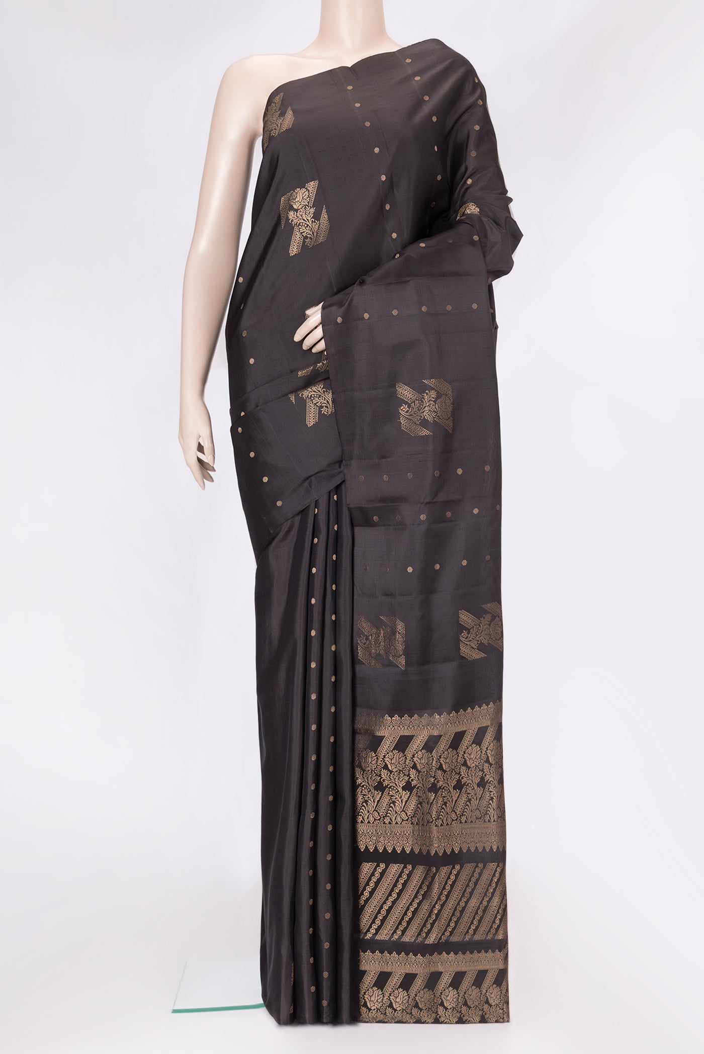 Coffee Brown Dual Tone Soft Silk Saree with Zari Butta on the body and Without Border.  displayed on a mannequin