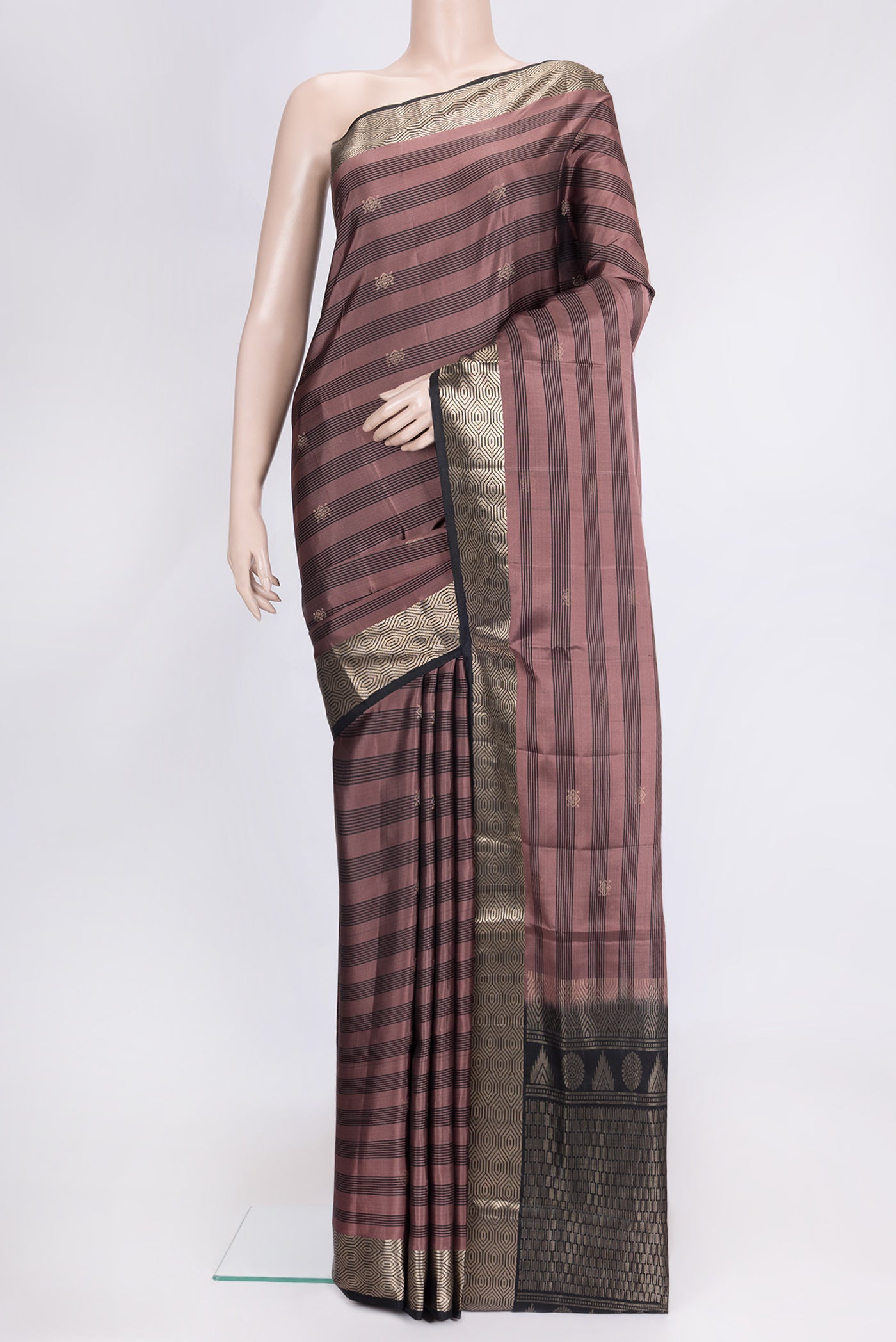 Rose Gold Dual Tone Soft Silk Saree with Zari Butta on the body and Zari Border.  displayed on a mannequin