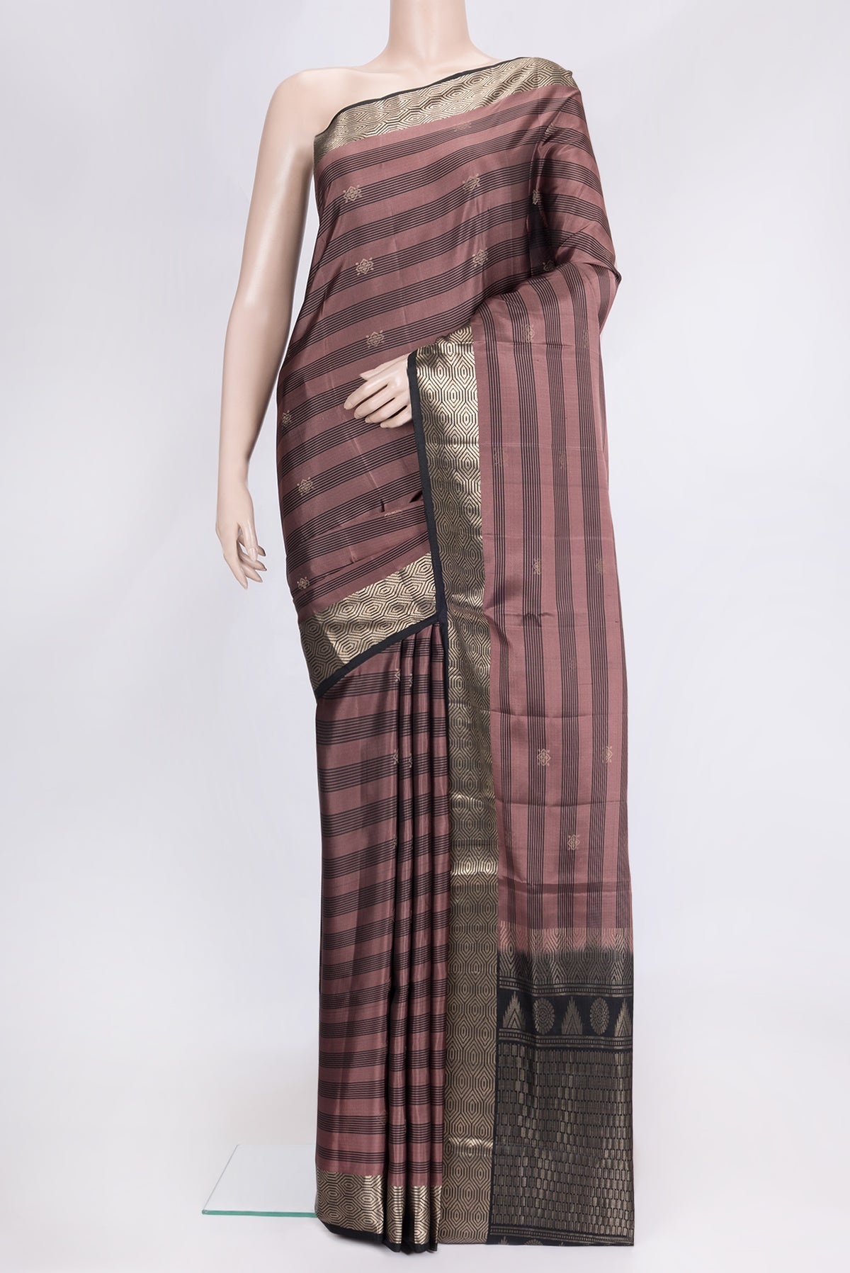 Rose Gold Dual Tone Soft Silk Saree with Zari Butta on the body and Zari Border.  displayed on a mannequin